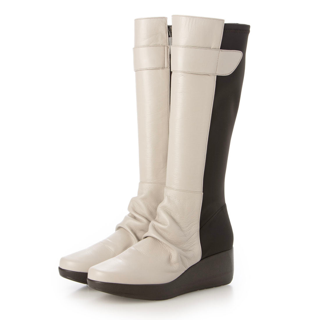 JS Heart Label Genuine Leather Stretch Combo Long Boots