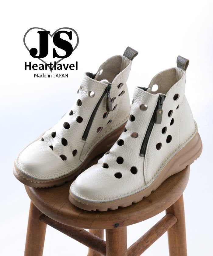 ジェイエス ハートレーベル JS Heartlavel 【日本製】4E幅広軽量パンチングデザインダブルファスナーショートブーツ （アイボリー/ダークカーキ） アイボリー/ダークカーキ