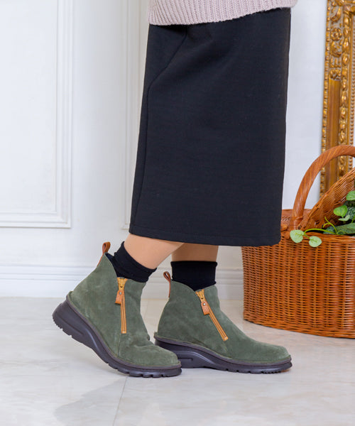 ジェイエス ハートレーベル JS Heartlavel 本革ダブルファスナーアンクルブーツ,カーキ/アンバー