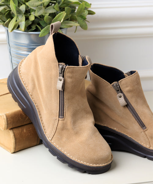 ジェイエス ハートレーベル JS Heartlavel 本革ダブルファスナーアンクルブーツ,サンド/グレー