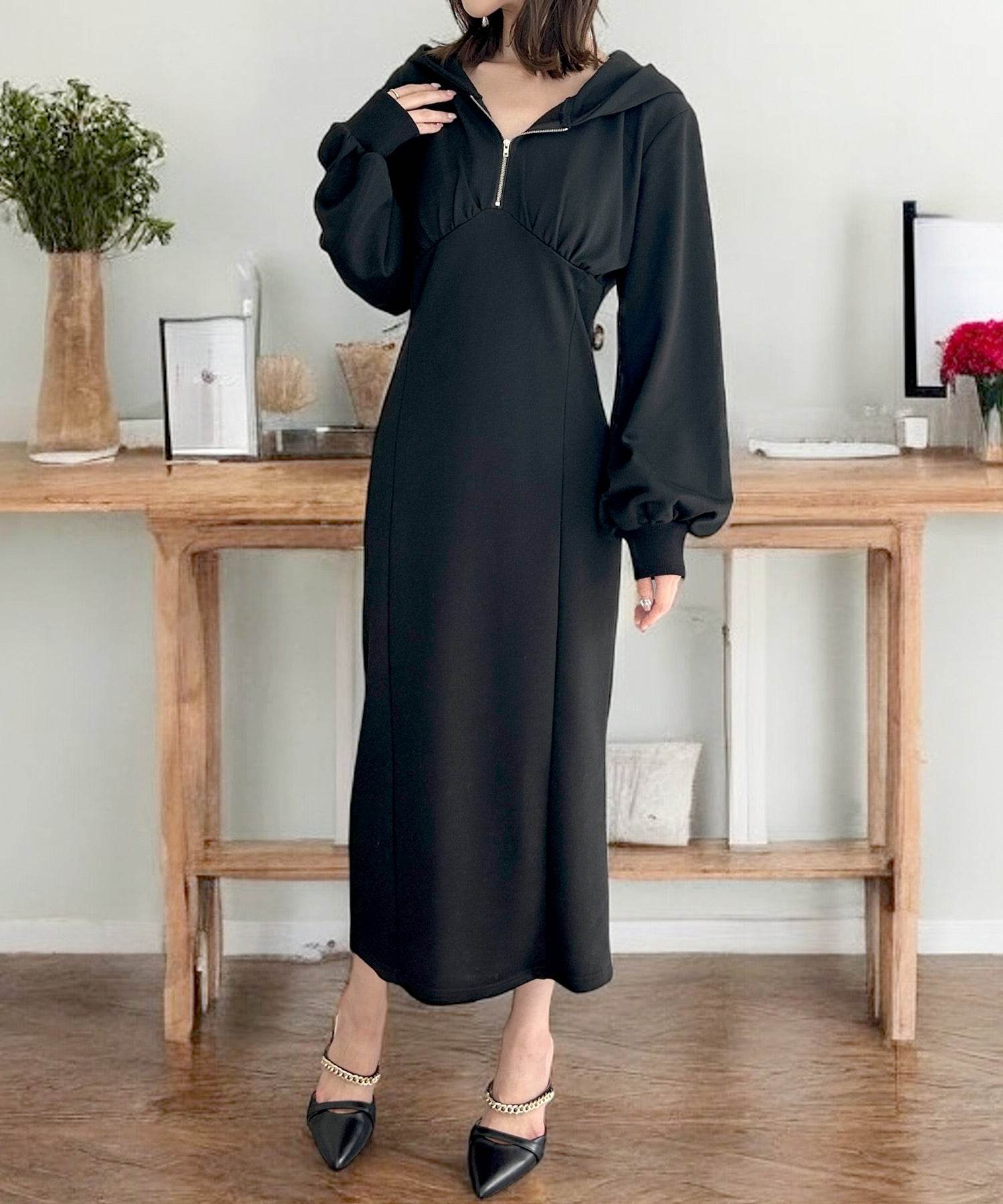 JULIA BOUTIQUE Zip-Up Sweat One-Piece [24510 Long Sleeve Maxi Tight Plain Women's Black White Pink Gray Brown]