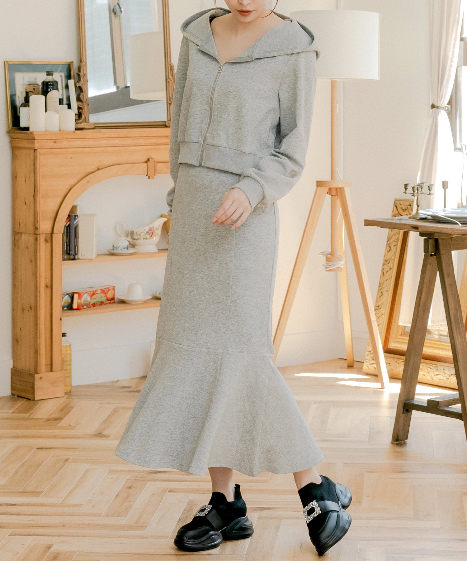 JULIA BOUTIQUE Hoodie + Mermaid Skirt Sweat Set [24512 Long Sleeve Long Maxi Tight Plain Women's Elastic Waist Tops Bottoms Black]