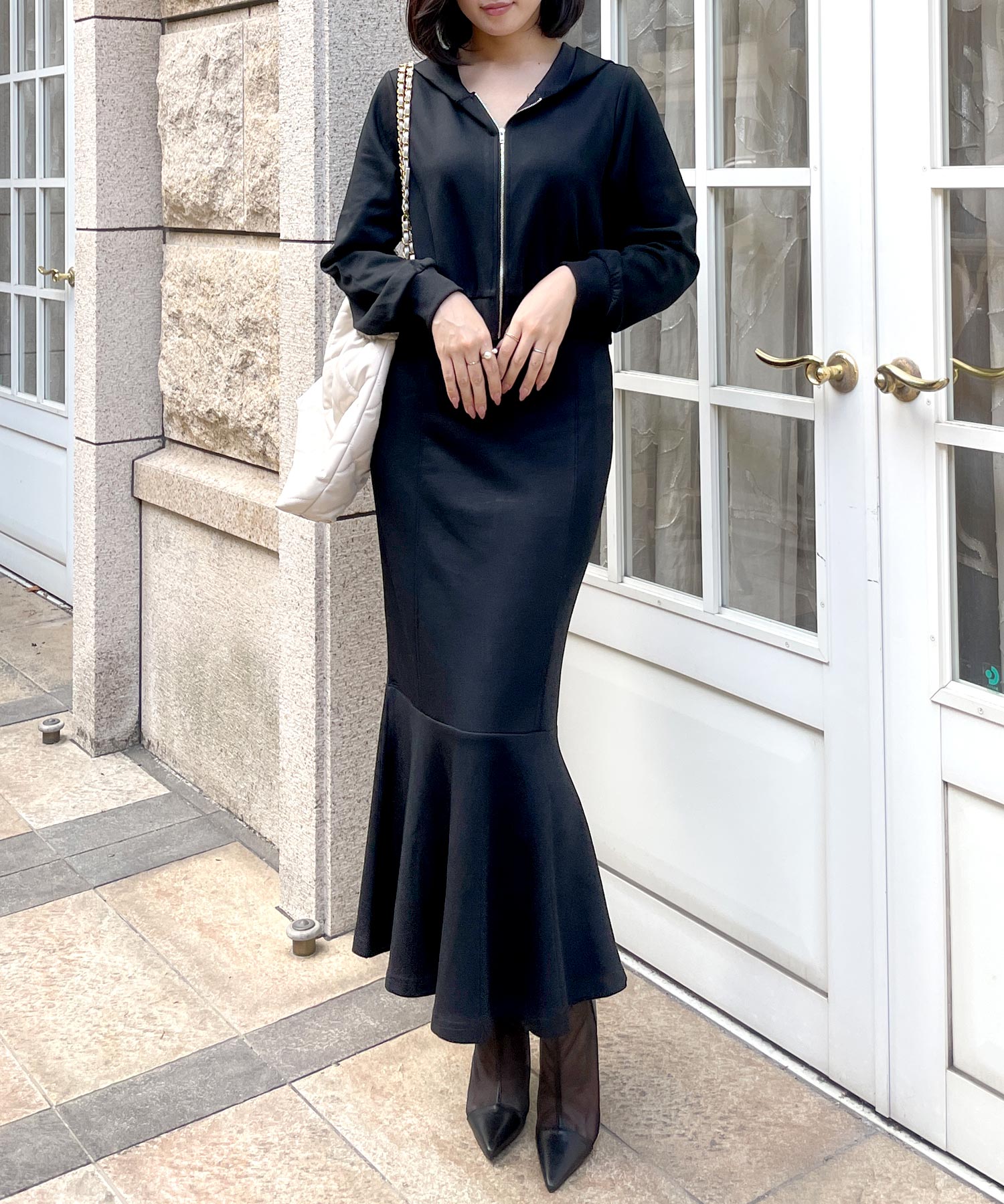 JULIA BOUTIQUE Hoodie + Mermaid Skirt Sweat Set [24512 Long Sleeve Long Maxi Tight Plain Women's Elastic Waist Tops Bottoms Black]