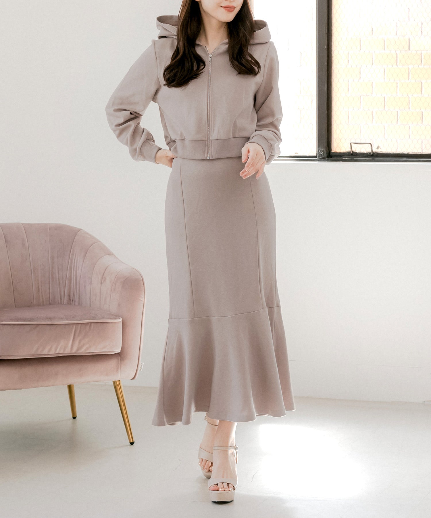 JULIA BOUTIQUE Hoodie + Mermaid Skirt Sweat Set [24512 Long Sleeve Long Maxi Tight Plain Women's Elastic Waist Tops Bottoms Black]
