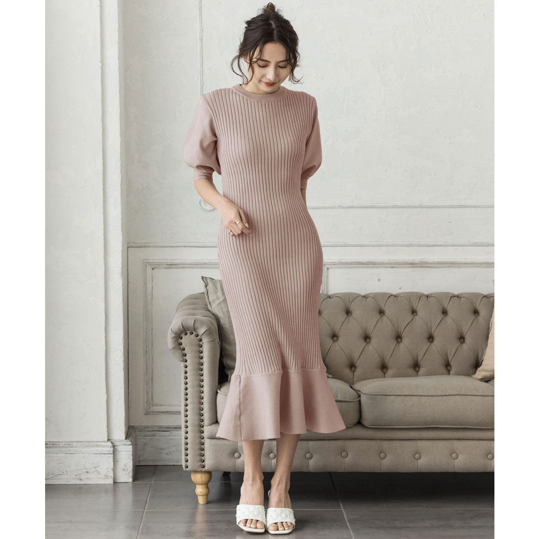 ジュリアブティック JULIA BOUTIQUE ロング丈・バルーン五分袖マーメイドニットワンピース/22000,ピンク