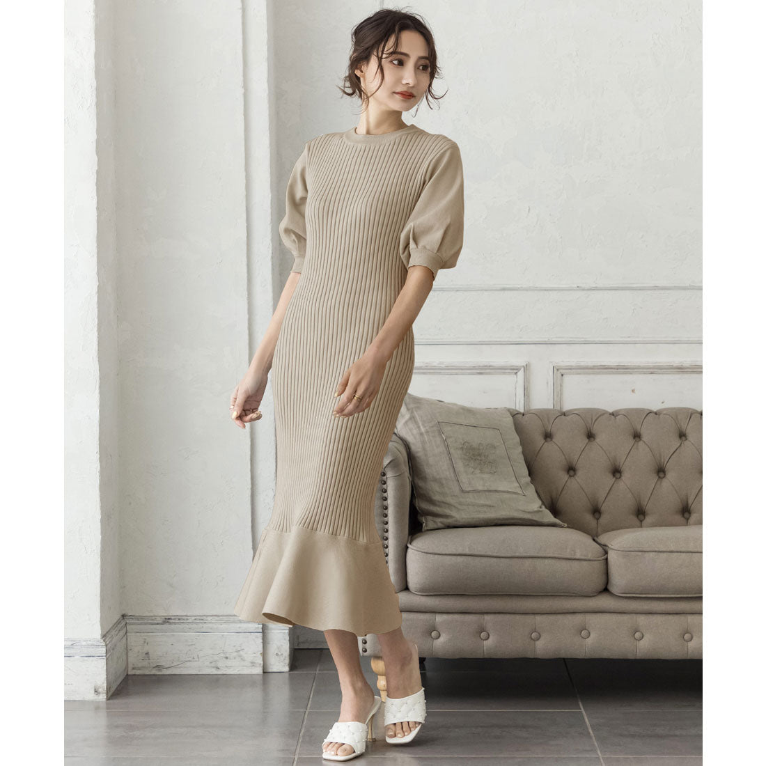 ジュリアブティック JULIA BOUTIQUE ロング丈・バルーン五分袖マーメイドニットワンピース/22000