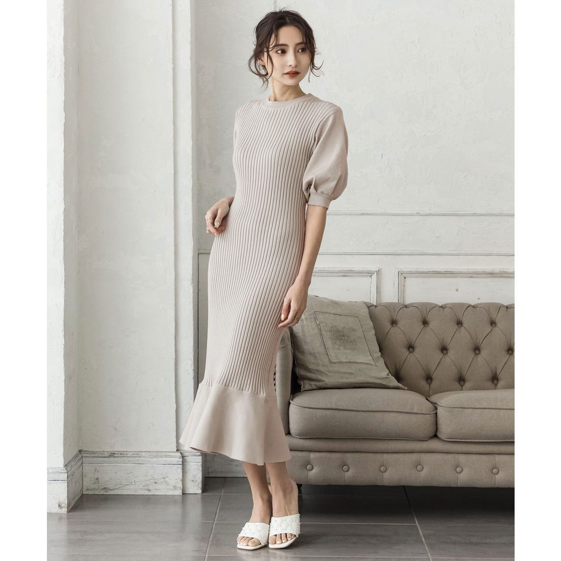 ジュリアブティック JULIA BOUTIQUE ロング丈・バルーン五分袖マーメイドニットワンピース/22000,グレージュ