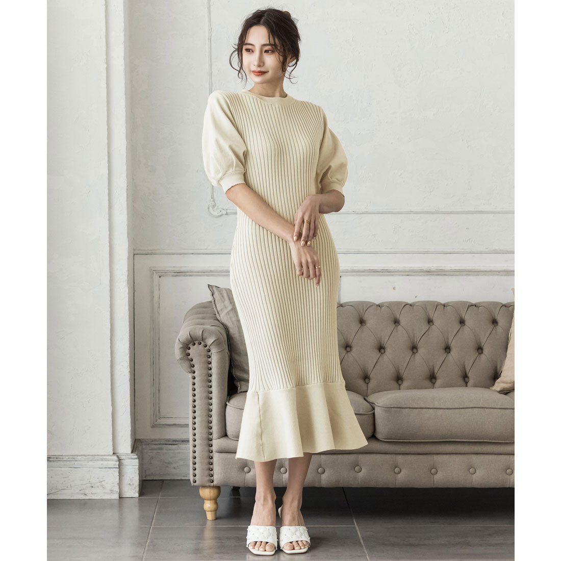 ジュリアブティック JULIA BOUTIQUE ロング丈・バルーン五分袖マーメイドニットワンピース/22000,アイボリー