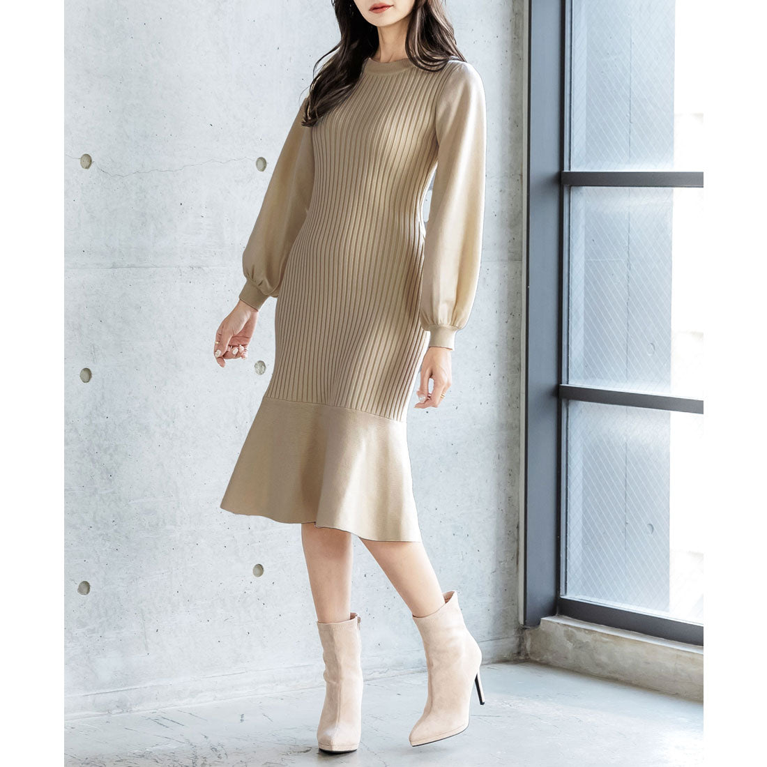 JULIA BOUTIQUE Mid-length balloon sleeve mermaid knit dress/22555