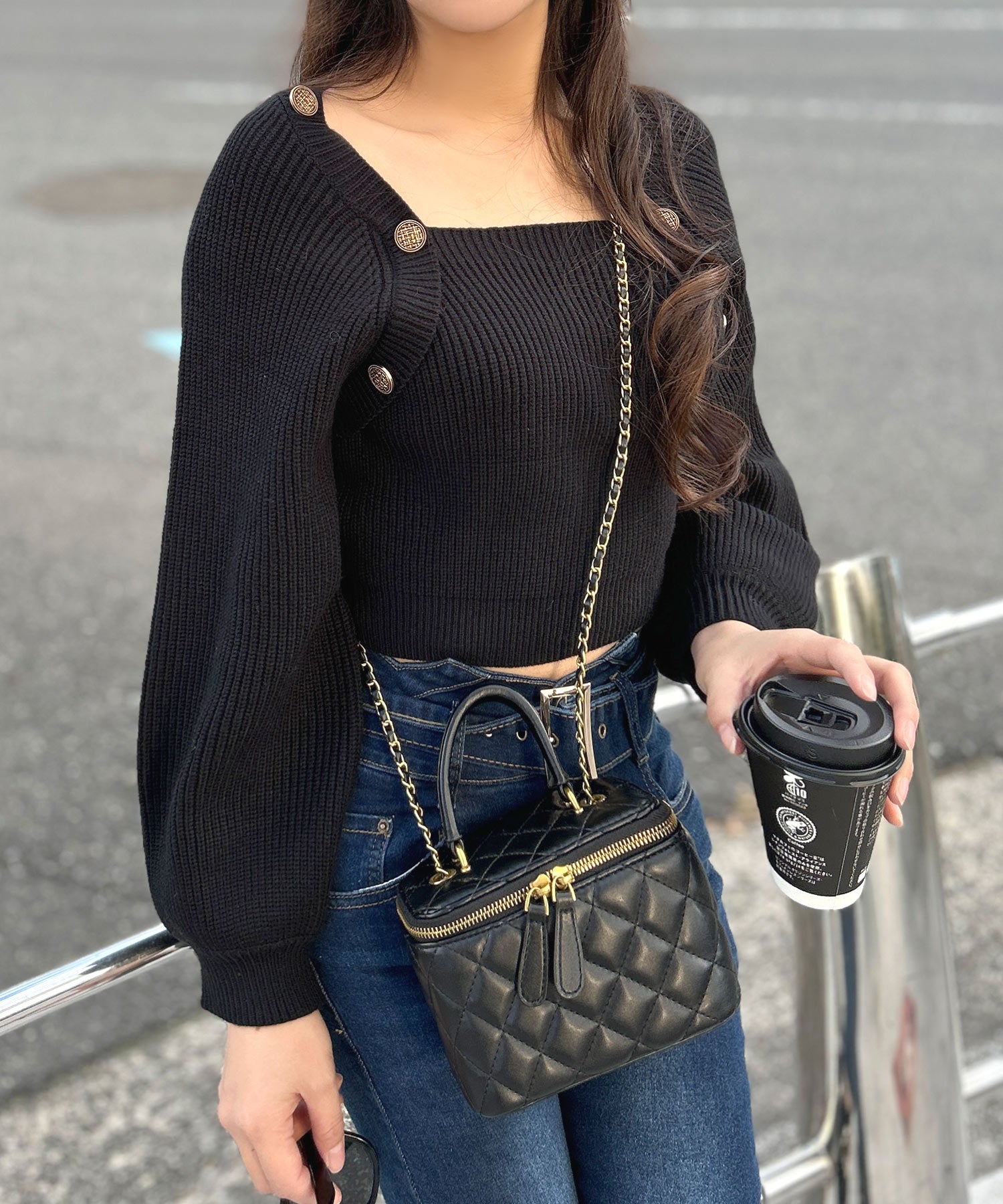 ジュリアブティック JULIA BOUTIQUE ボタン付きバルーンスリーブニットトップス/23591 （Black） ブラック