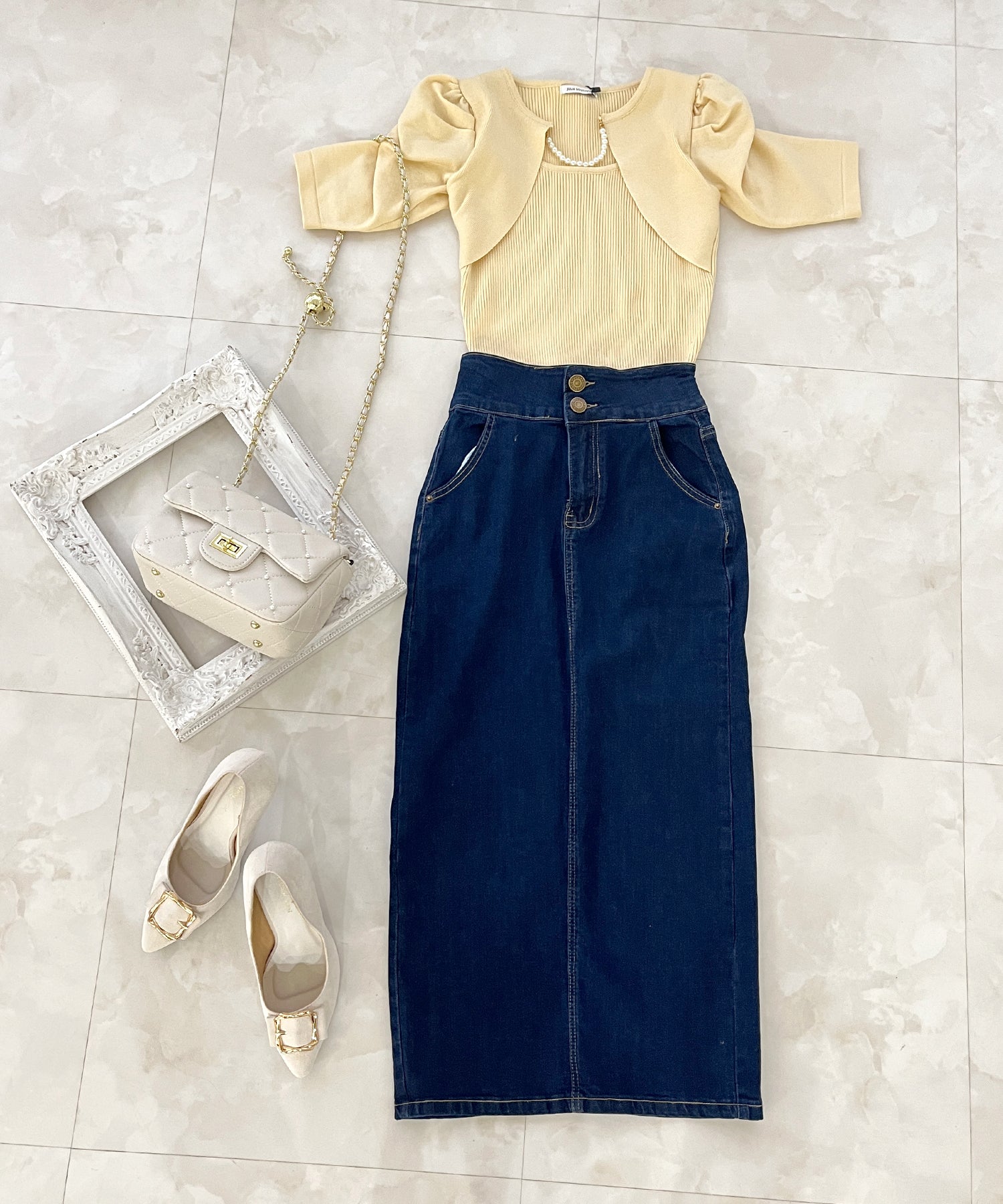 ジュリアブティック JULIA BOUTIQUE パールチェーン付きボレロ風ニットトップス24000 （Yellow） イエロー