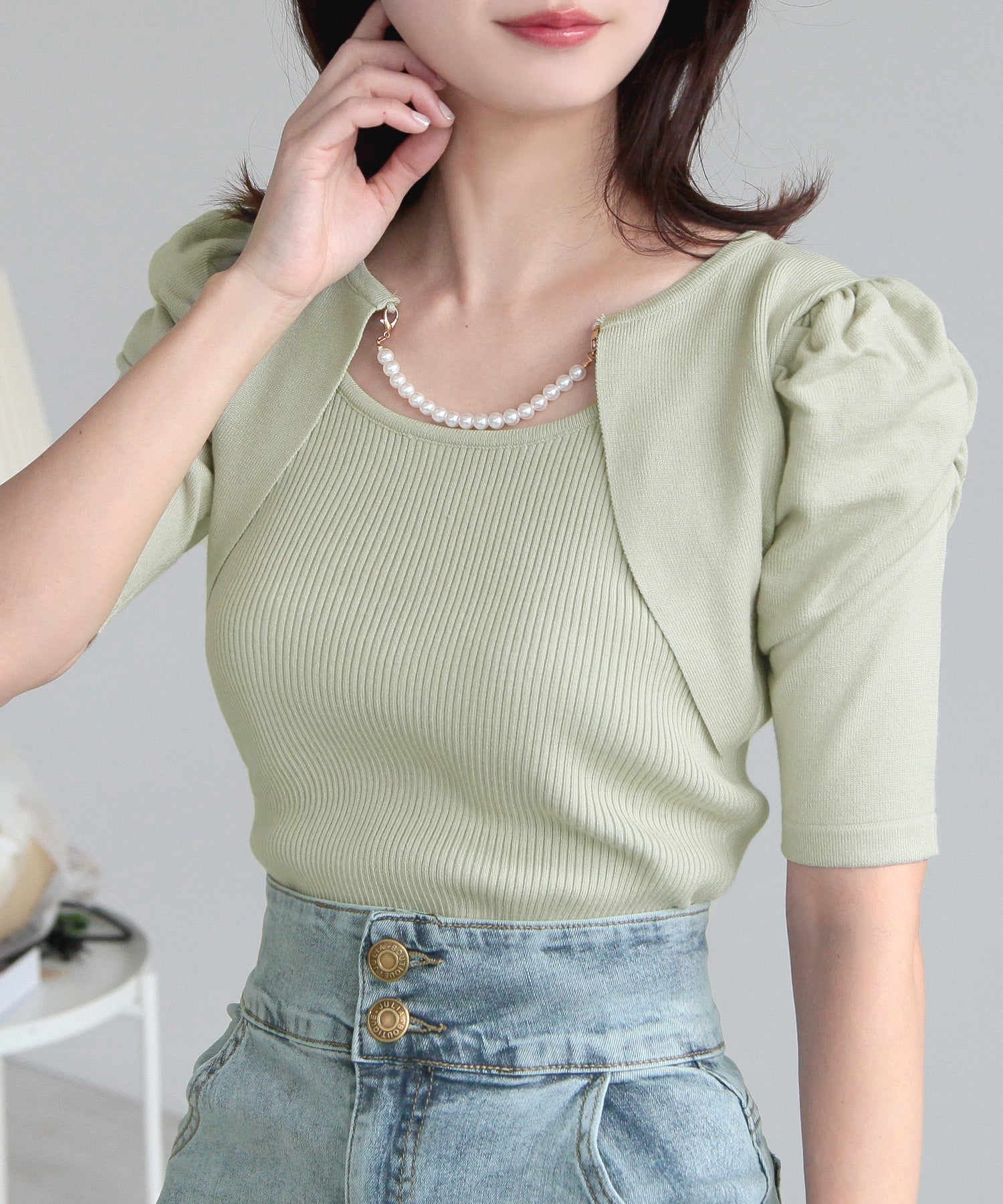 ジュリアブティック JULIA BOUTIQUE パールチェーン付きボレロ風ニットトップス24000 （Mint） ミント