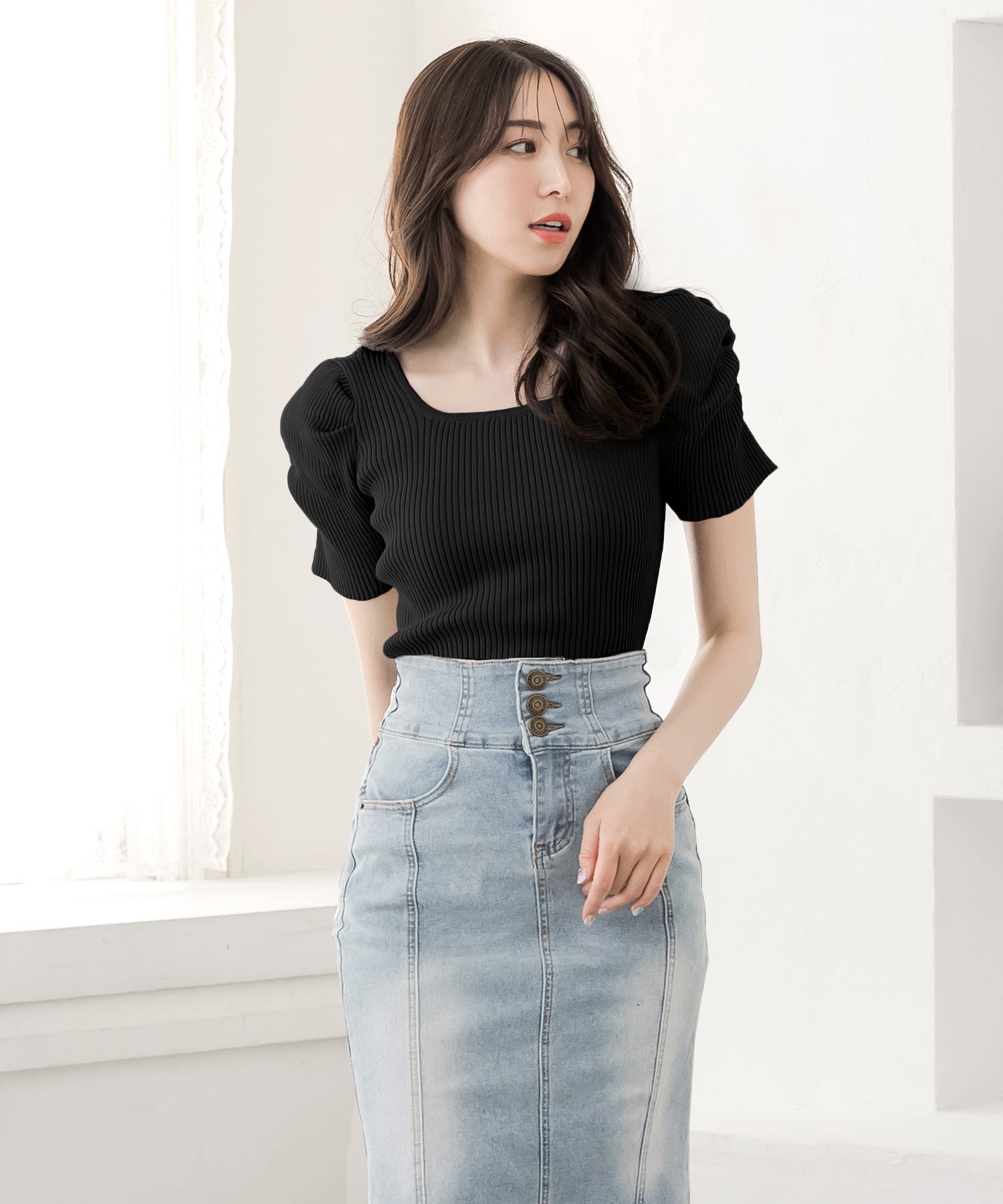 JULIA BOUTIQUE Square Neck Power Shoulder Knit Top / 24015