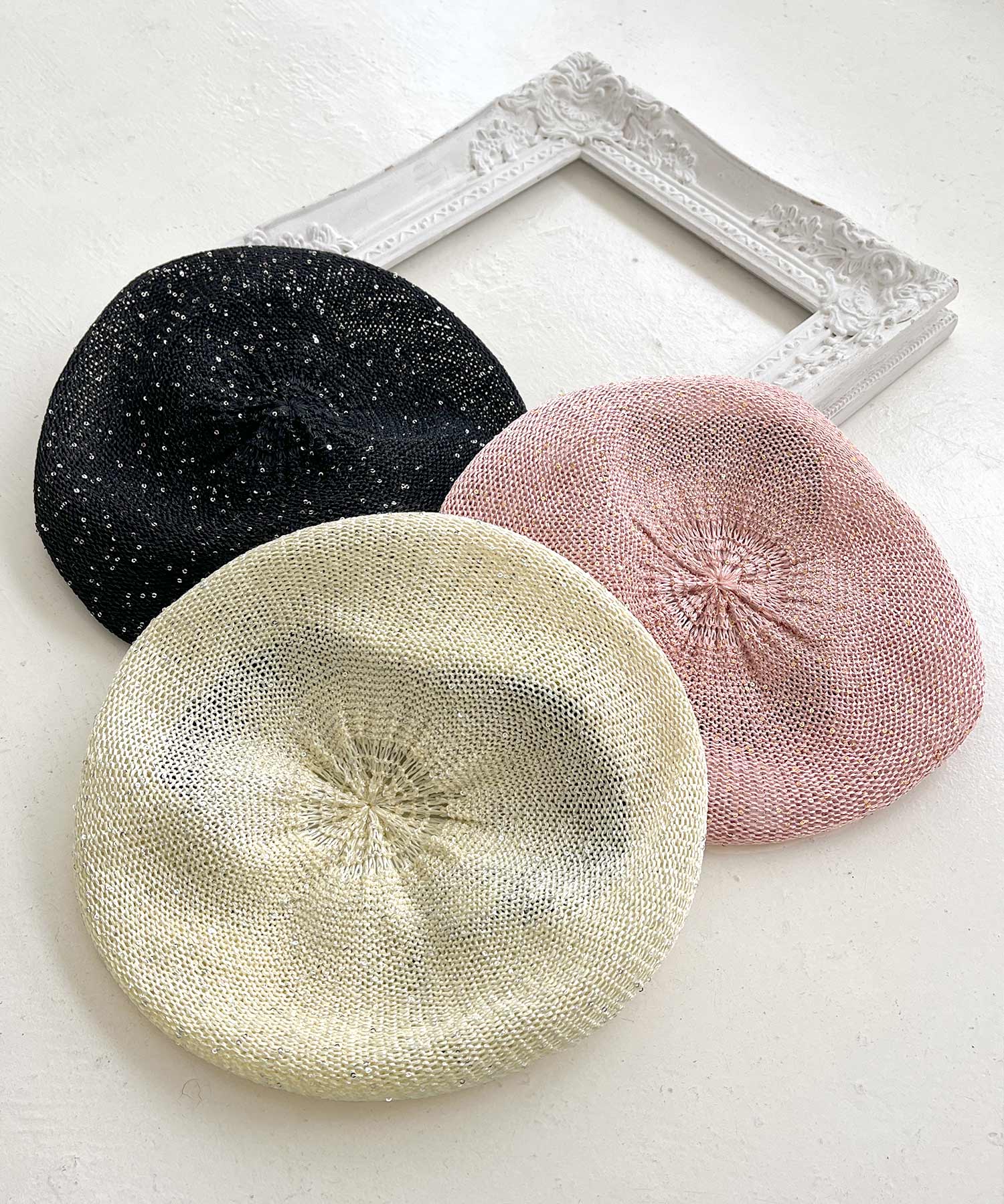 JULIA BOUTIQUE Spangle Summer Beret [24111] Beret Summer Hat Hat Women's Summer Free Size 53cm Shallow Size Adjustment Sequin Plain Cute Neat Adult Casual Korean Black White