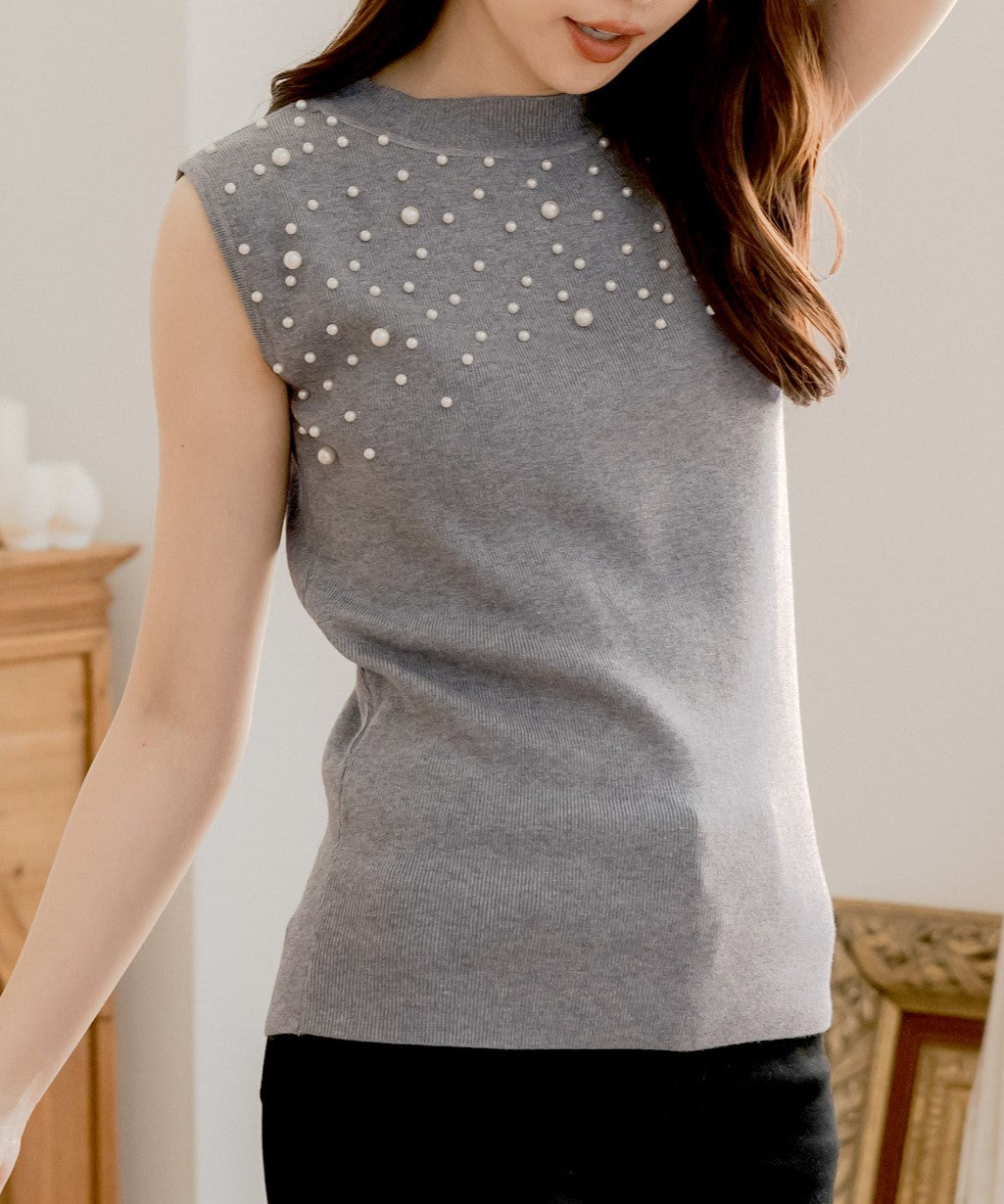 ジュリアブティック JULIA BOUTIQUE パールデコニットトップス [24521 ノースリーブ ミドル丈 Uネック レディース ブラック 黒 グレー ピンク ホワイト 白 ]