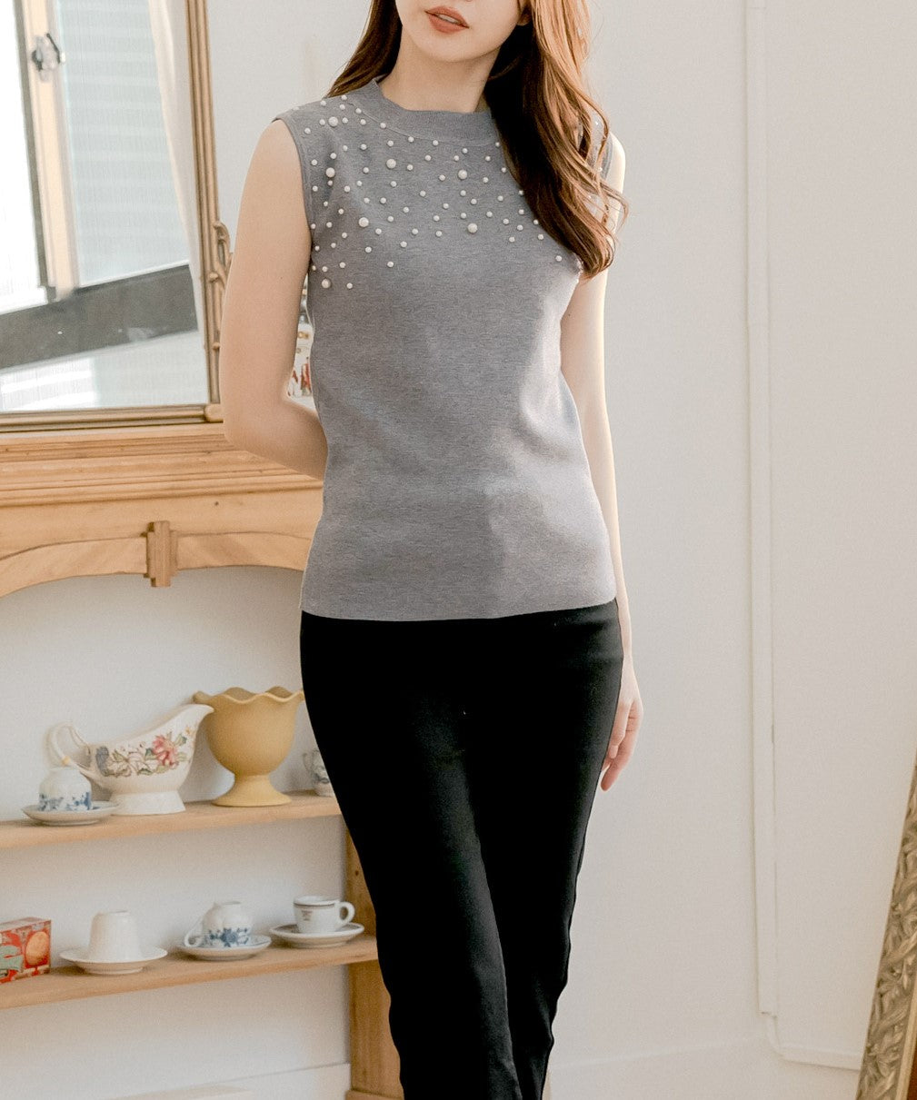 ジュリアブティック JULIA BOUTIQUE パールデコニットトップス [24521 ノースリーブ ミドル丈 Uネック レディース ブラック 黒 グレー ピンク ホワイト 白 ]