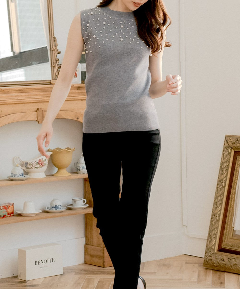 ジュリアブティック JULIA BOUTIQUE パールデコニットトップス [24521 ノースリーブ ミドル丈 Uネック レディース ブラック 黒 グレー ピンク ホワイト 白 ]