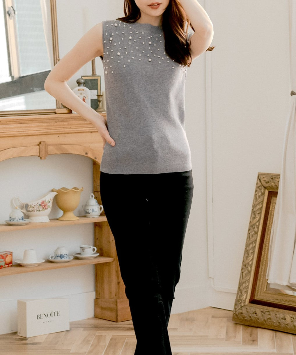 ジュリアブティック JULIA BOUTIQUE パールデコニットトップス [24521 ノースリーブ ミドル丈 Uネック レディース ブラック 黒 グレー ピンク ホワイト 白 ]