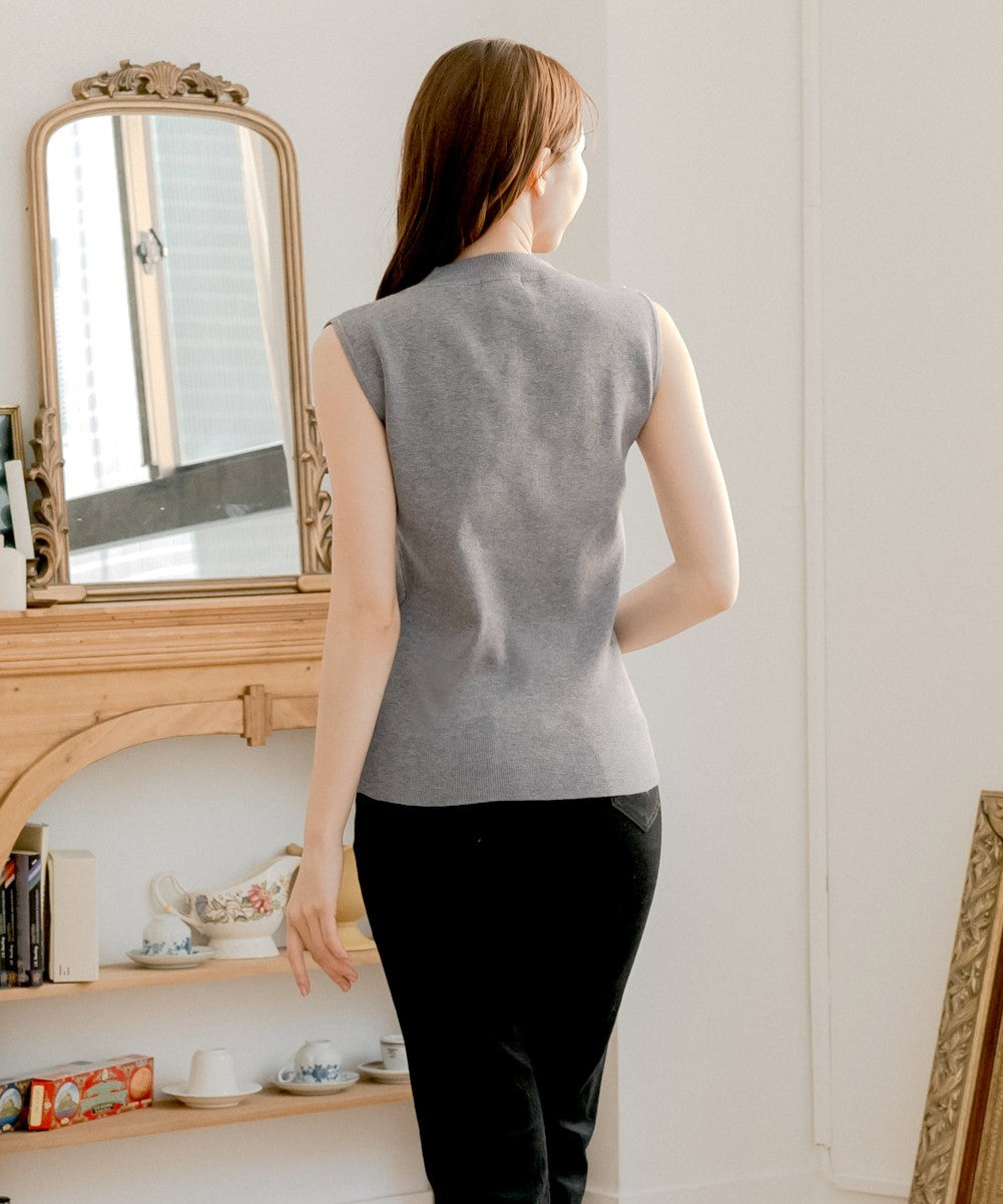 ジュリアブティック JULIA BOUTIQUE パールデコニットトップス [24521 ノースリーブ ミドル丈 Uネック レディース ブラック 黒 グレー ピンク ホワイト 白 ]