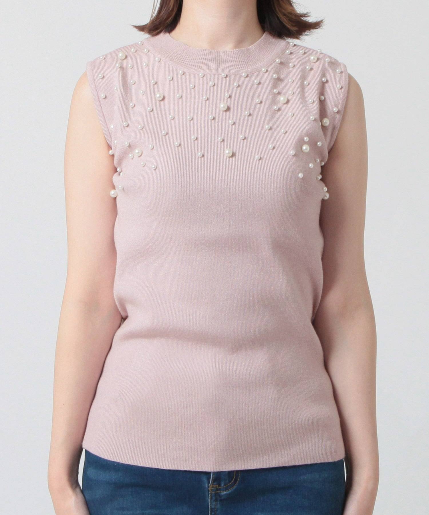 ジュリアブティック JULIA BOUTIQUE パールデコニットトップス [24521 ノースリーブ ミドル丈 Uネック レディース ブラック 黒 グレー ピンク ホワイト 白 ]