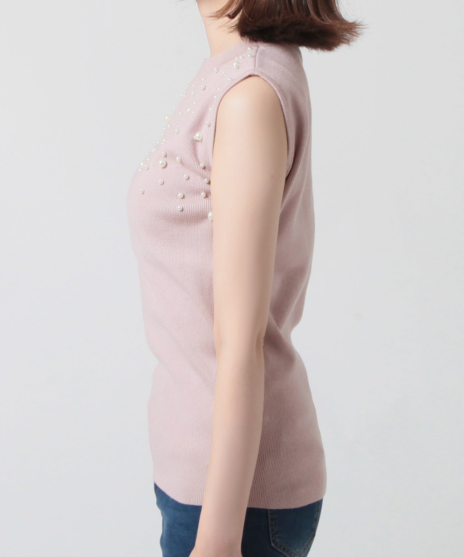 ジュリアブティック JULIA BOUTIQUE パールデコニットトップス [24521 ノースリーブ ミドル丈 Uネック レディース ブラック 黒 グレー ピンク ホワイト 白 ]
