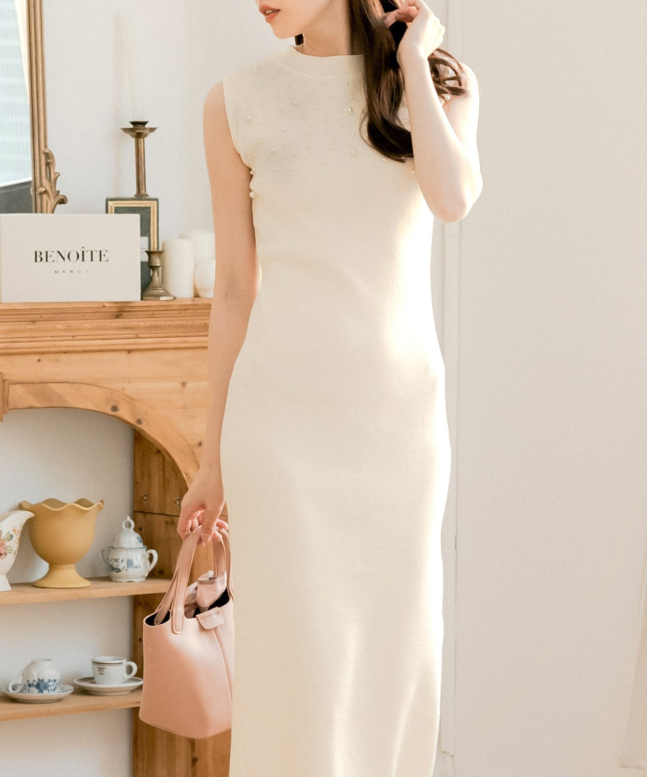 ジュリアブティック JULIA BOUTIQUE パールデコニットワンピース [24523 ノースリーブ ロング丈 タイト Uネック レディース ブラック 黒 グレー ピンク ホワイト 白 ]