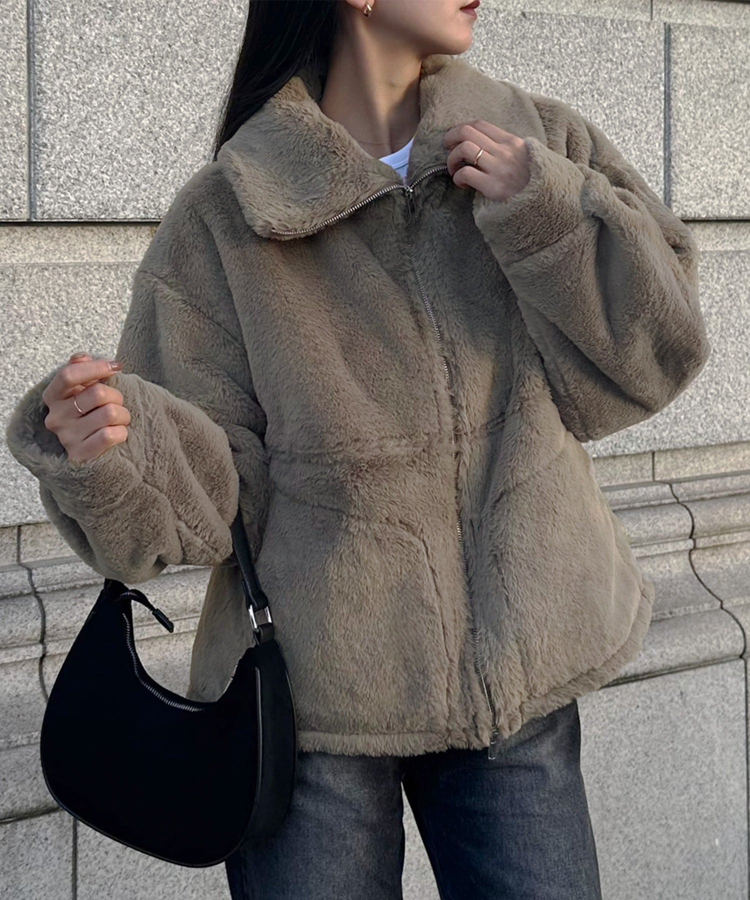 ジュノア JUNOAH 2wayカラージップ中綿ファーコート,グレー