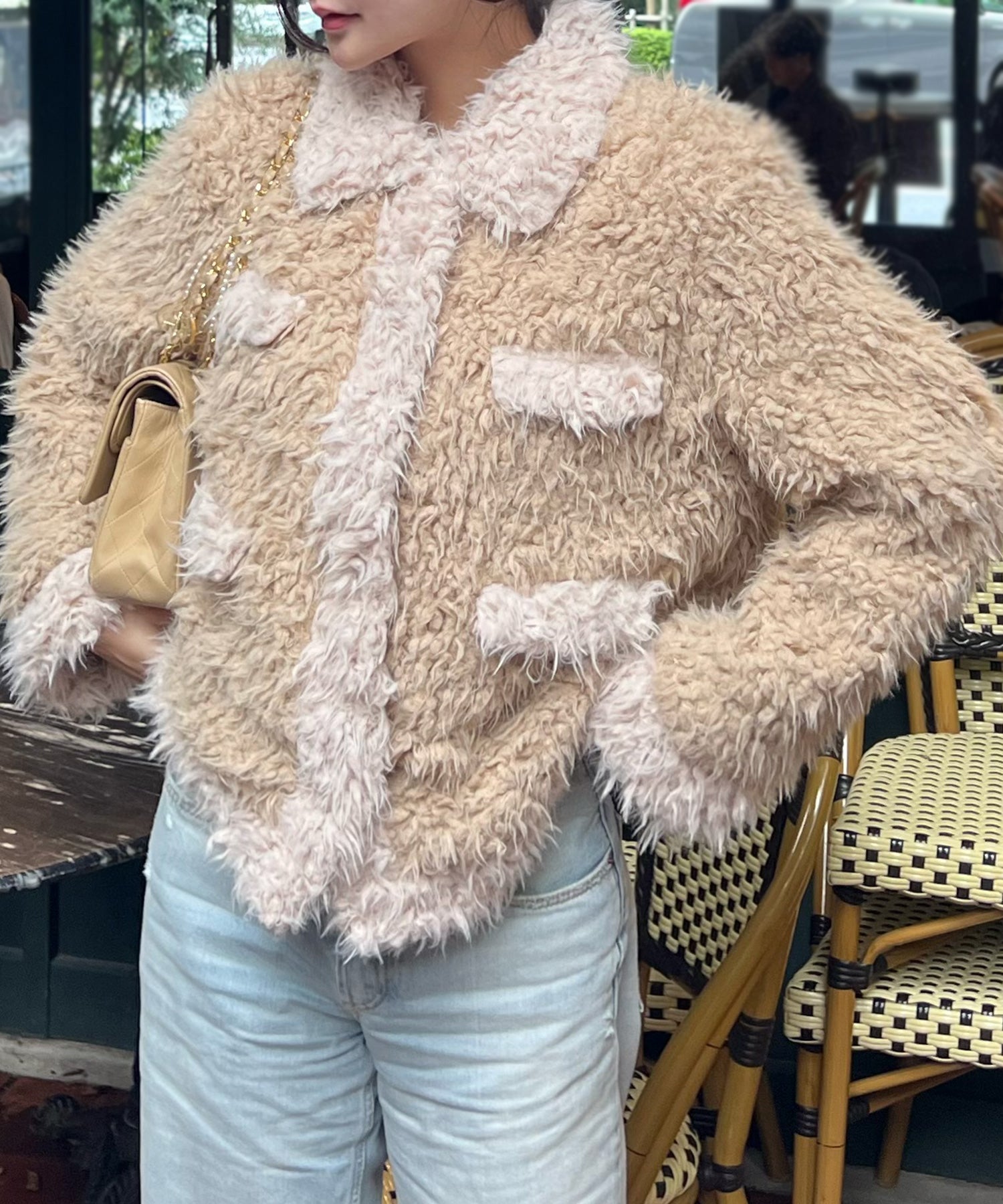 ジュノア JUNOAH バイカラーフェイクファーショートコート,ベージュ