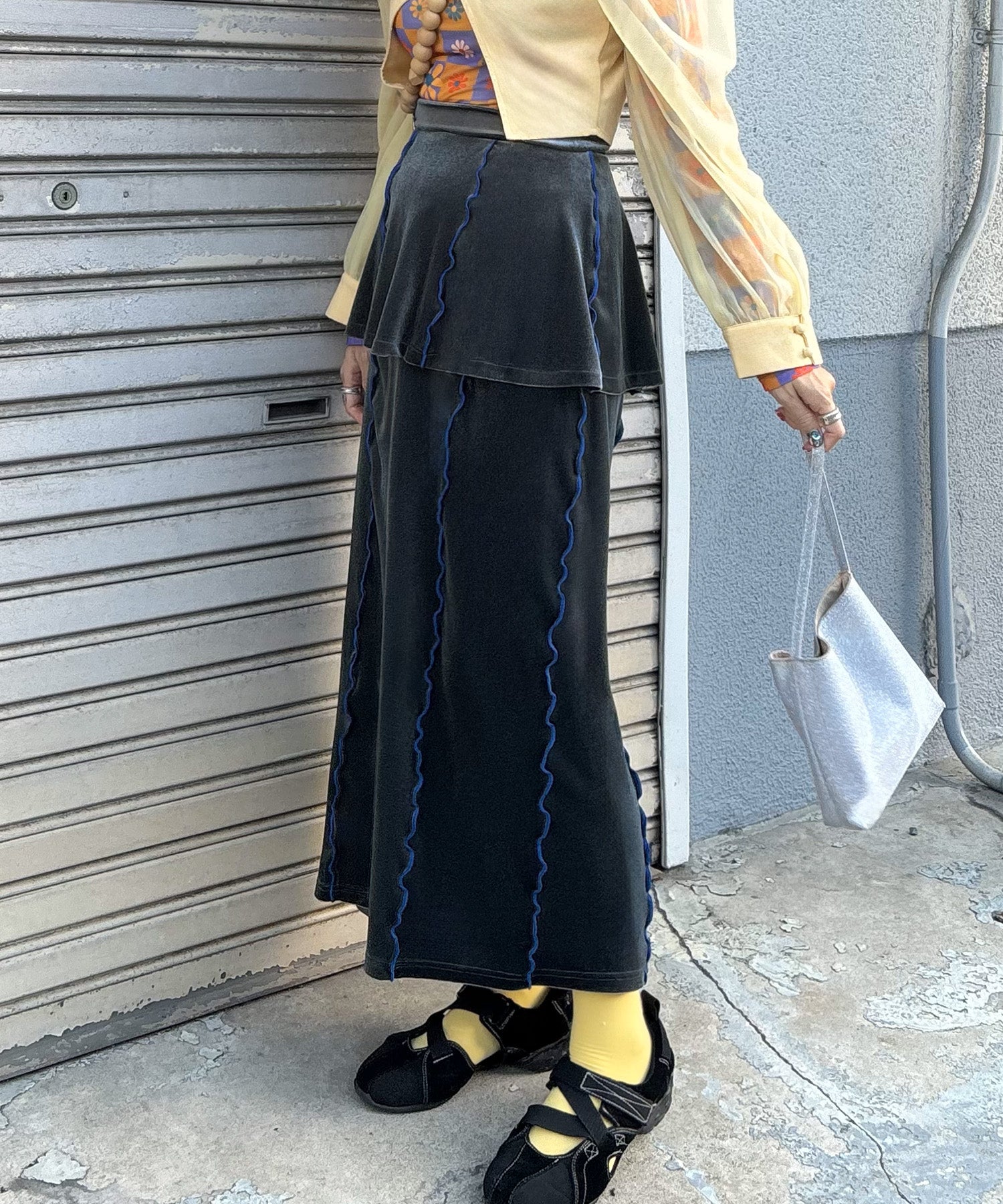 ジュノア JUNOAH 配色メロウベロアレイヤードスカート,ダークグレー