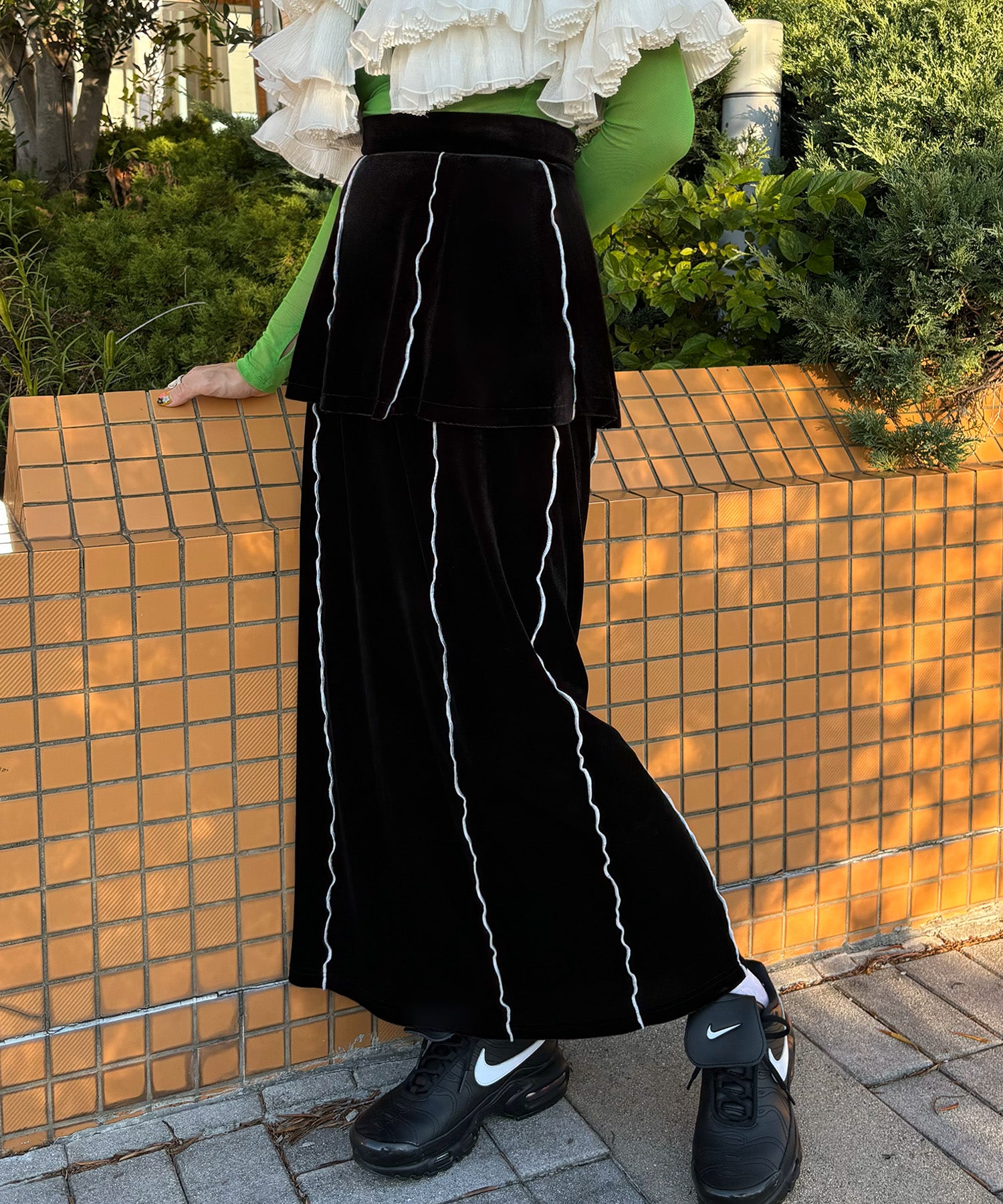 ジュノア JUNOAH 配色メロウベロアレイヤードスカート,ブラック