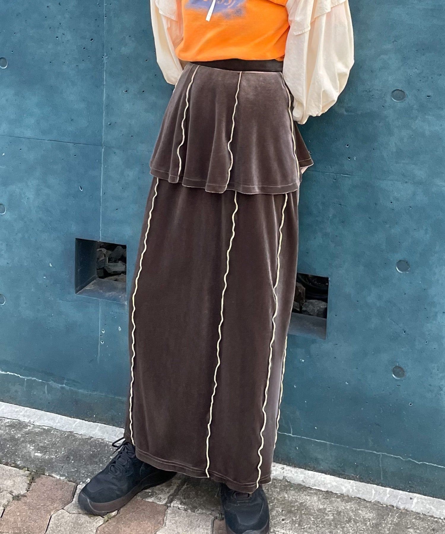 ジュノア JUNOAH 配色メロウベロアレイヤードスカート,モカ