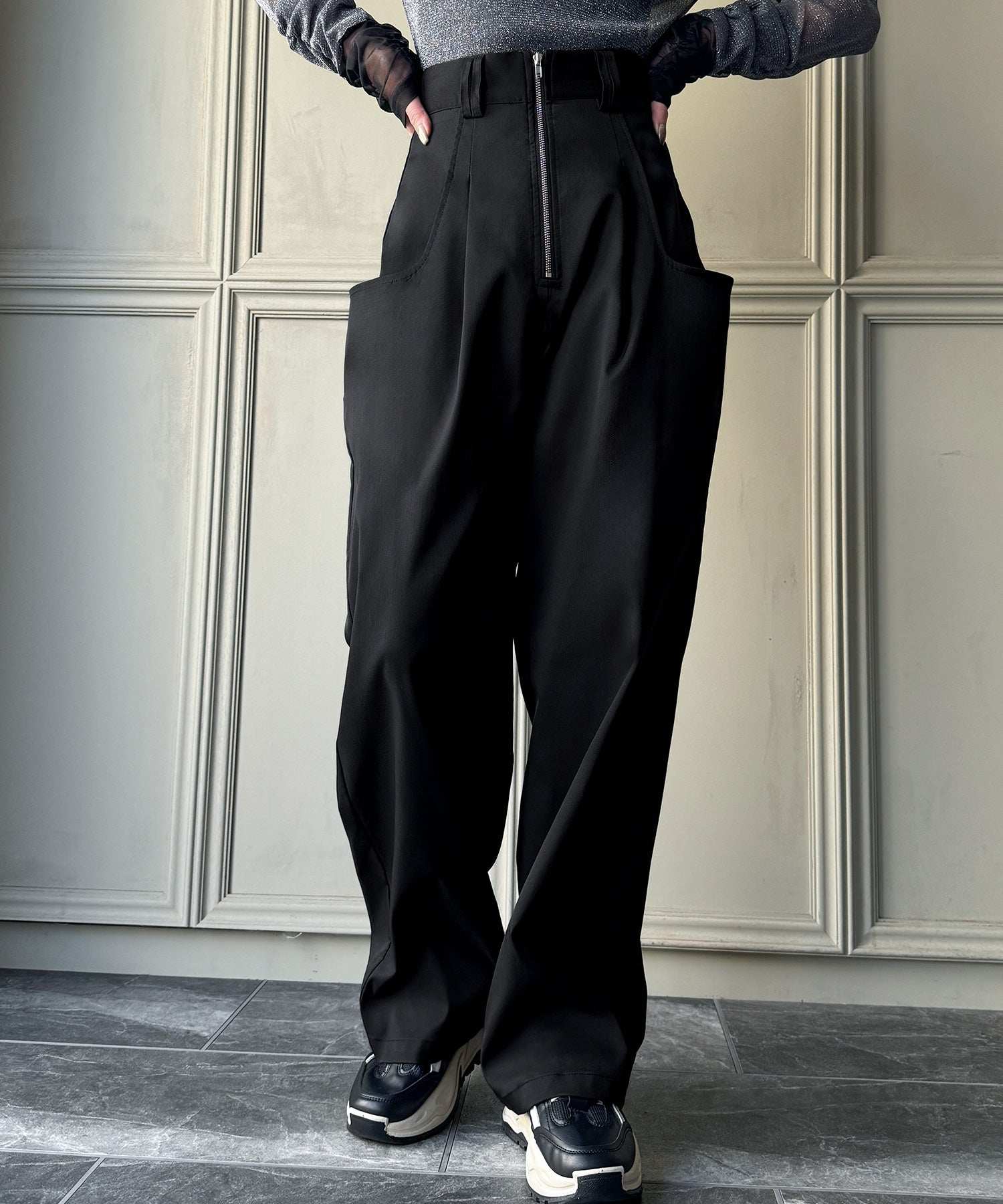 ジュノア JUNOAH ビッグポケットデザインフロントジップパンツ,ブラック