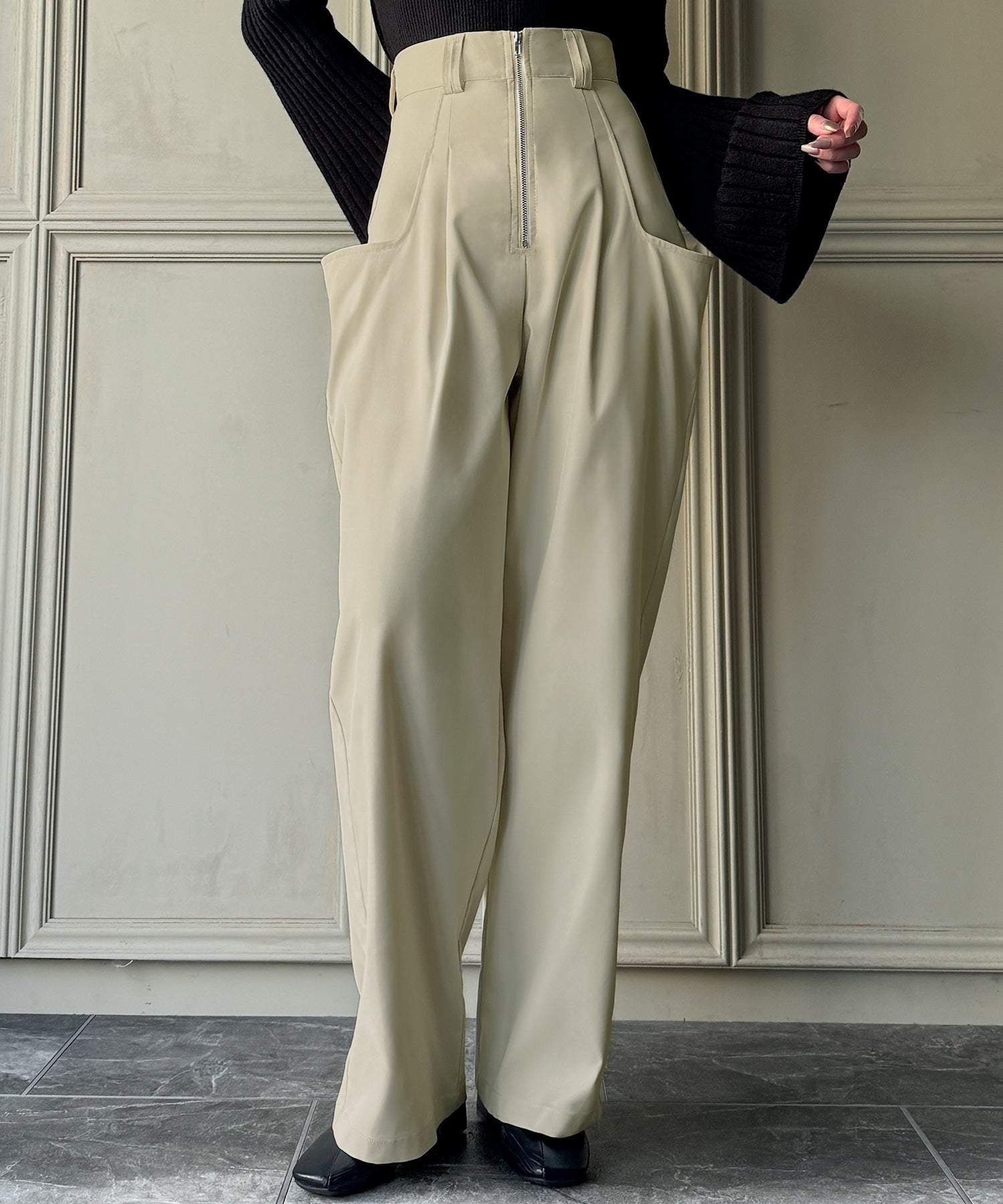 ジュノア JUNOAH ビッグポケットデザインフロントジップパンツ,アイボリー