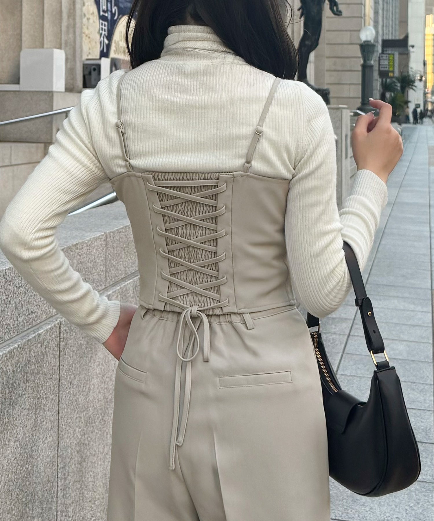 JUNOAH Back Lace-Up Bustier + Slacks Pants Set