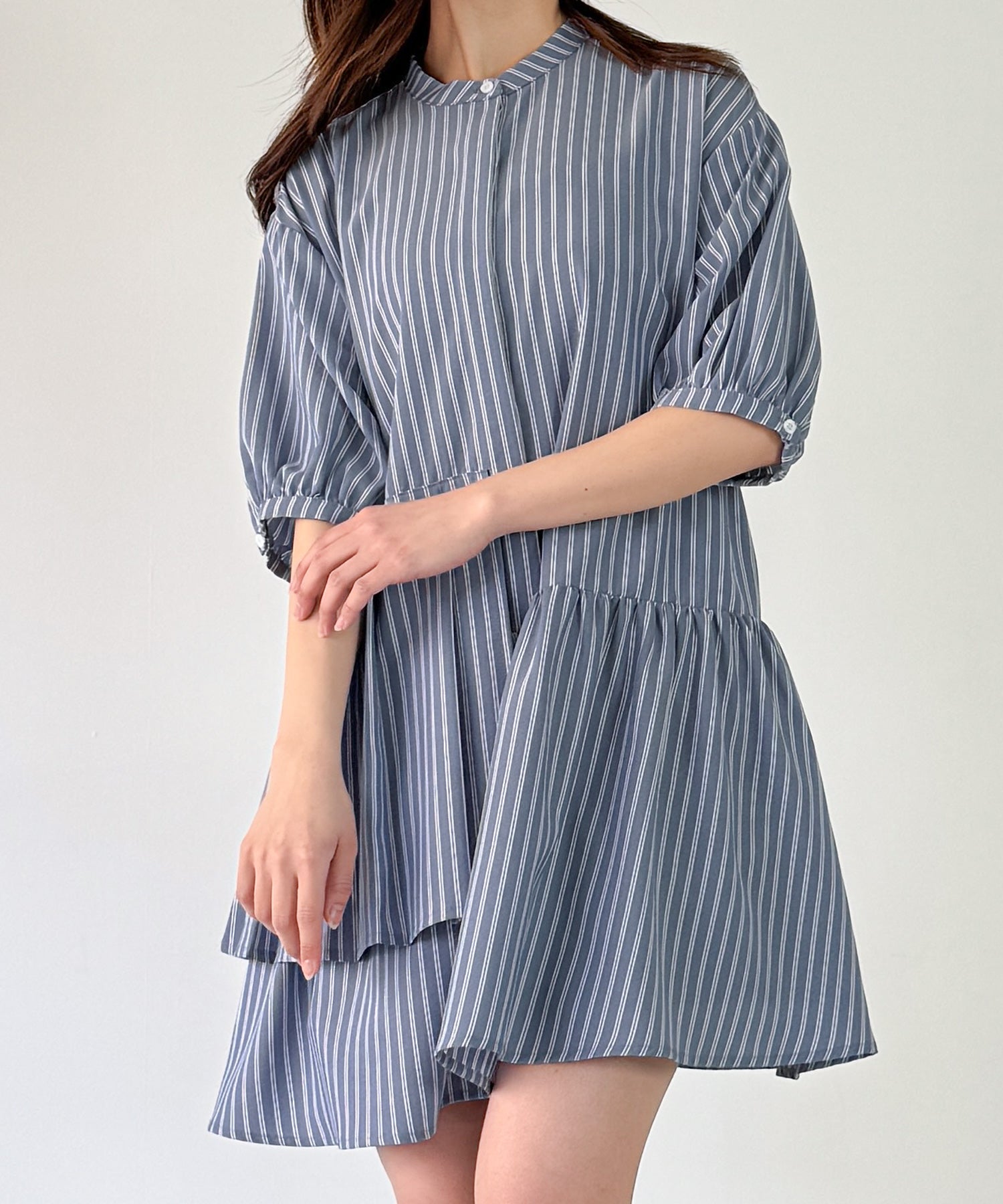 ジュノア JUNOAH ストライプアシメティアードチュニック (薄手、裏地なし) （ブルー） ブルー