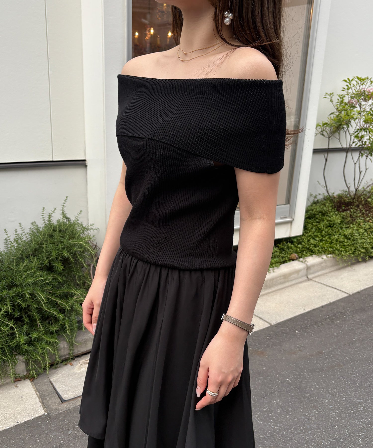 ジュノア JUNOAH オフショルニットドッキングイレヘムワンピース （Aブラック） Aブラック