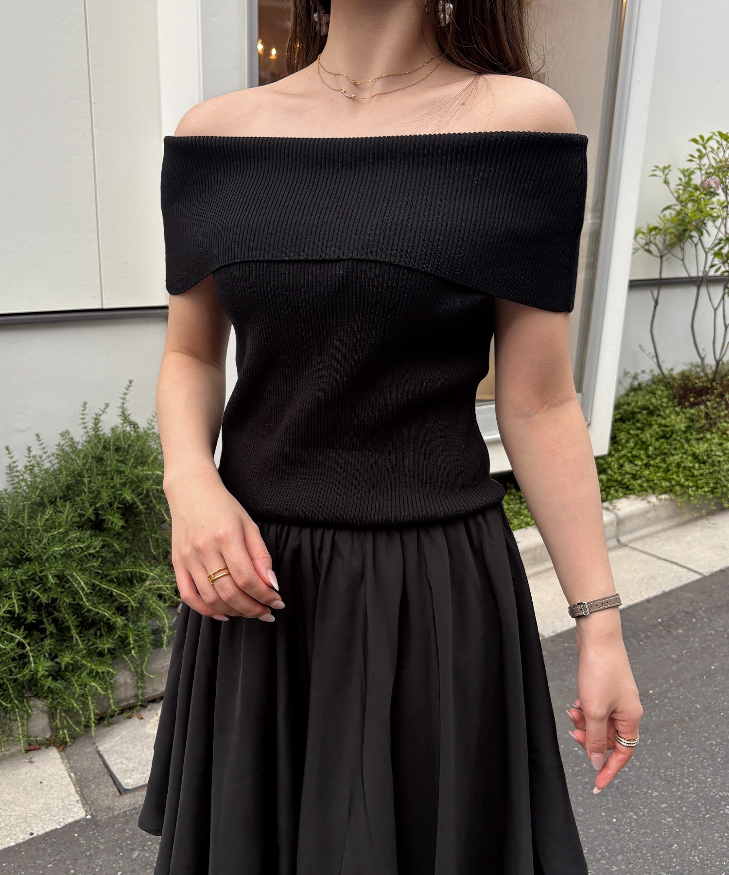 ジュノア JUNOAH オフショルニットドッキングイレヘムワンピース （Aブラック） Aブラック