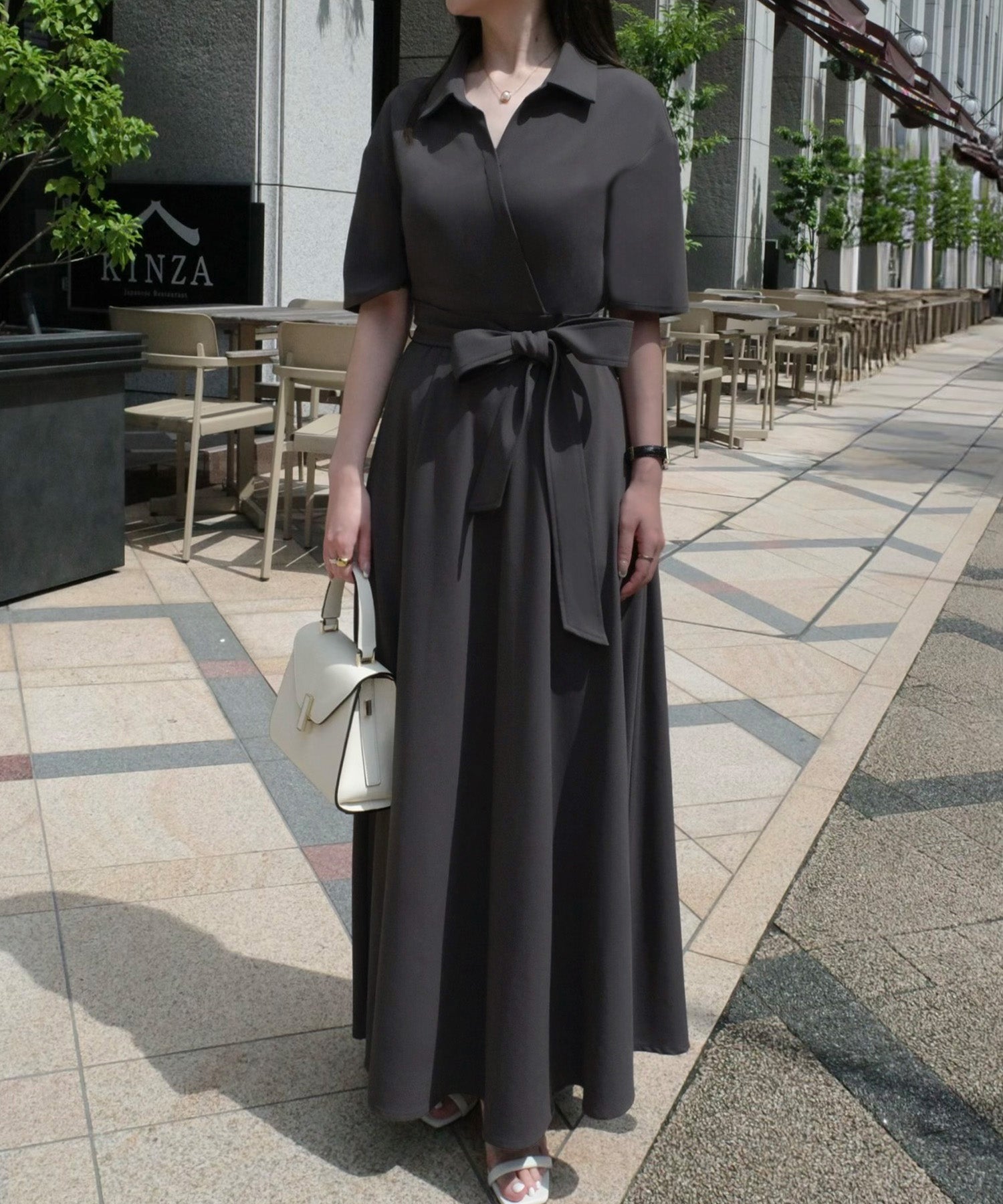 ジュノア JUNOAH ウエストマークカシュクールワンピース （チャコール） チャコール