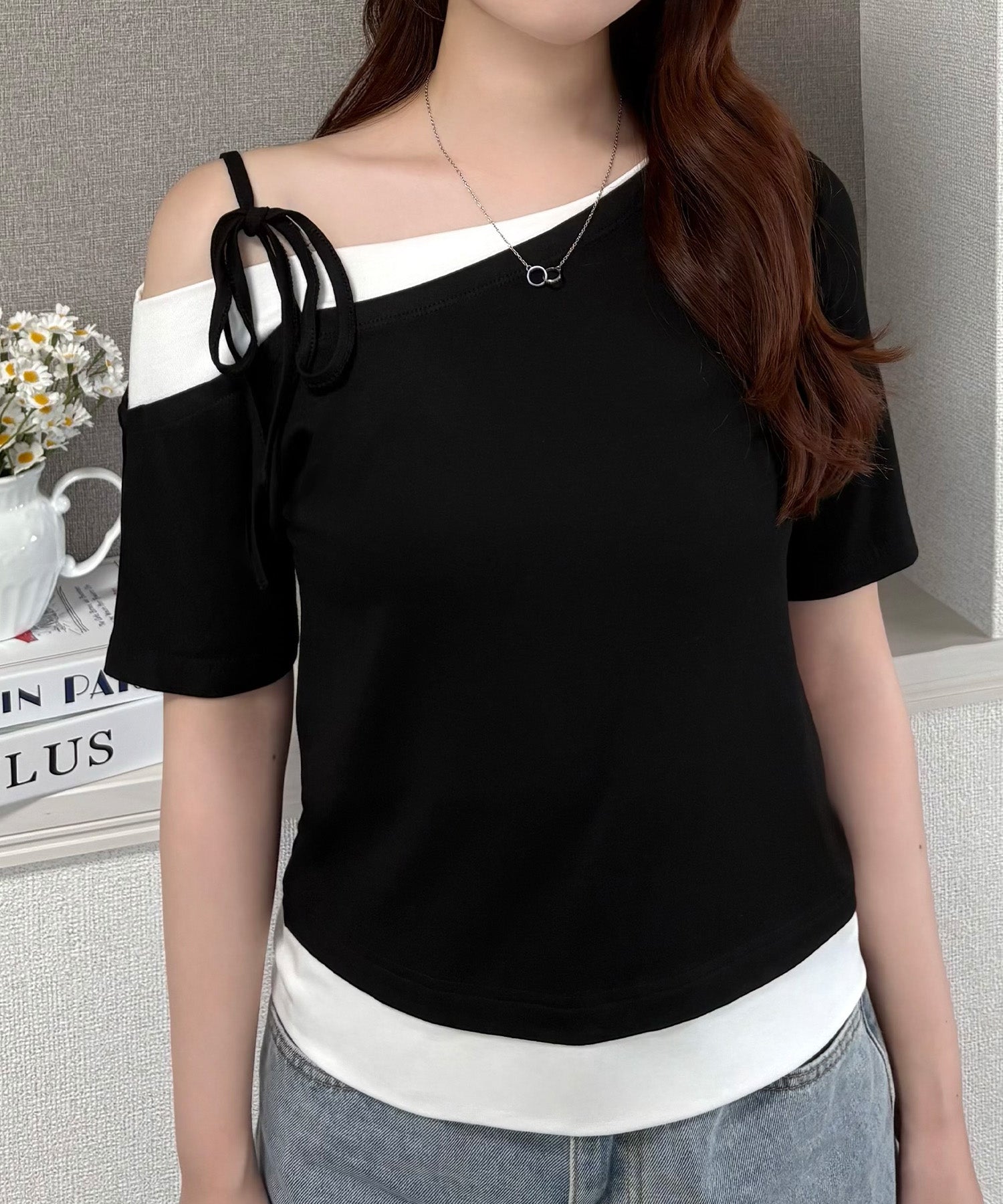 ジュノア JUNOAH リボンワンショルレイヤードTシャツ （ブラック） ブラック