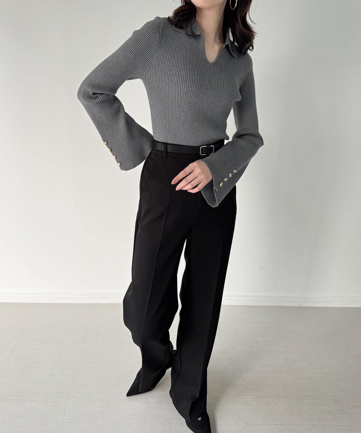 ジュノア JUNOAH 襟付きフレアスリーブリブニット （チャコール） チャコール