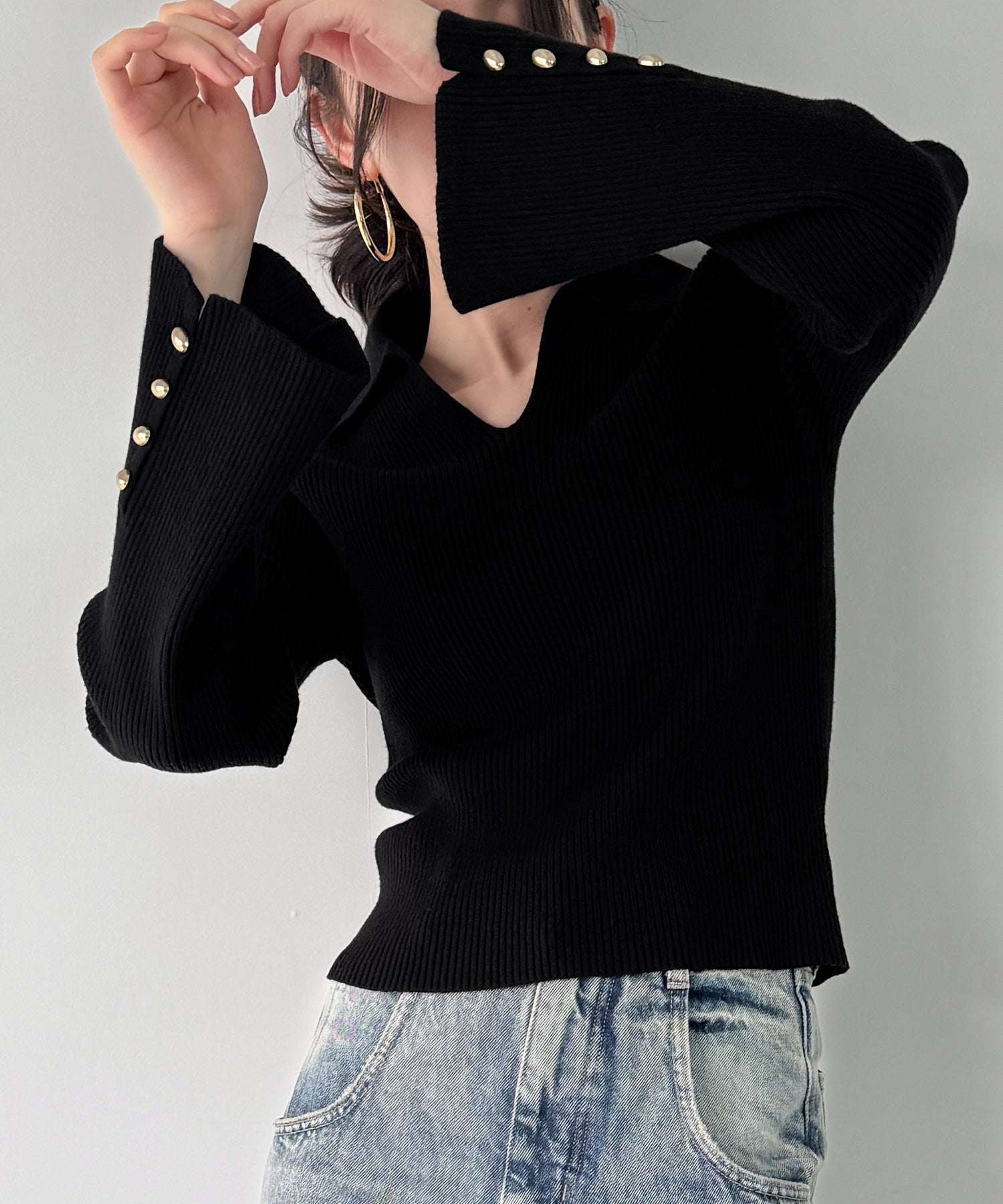 ジュノア JUNOAH 襟付きフレアスリーブリブニット （ブラック） ブラック