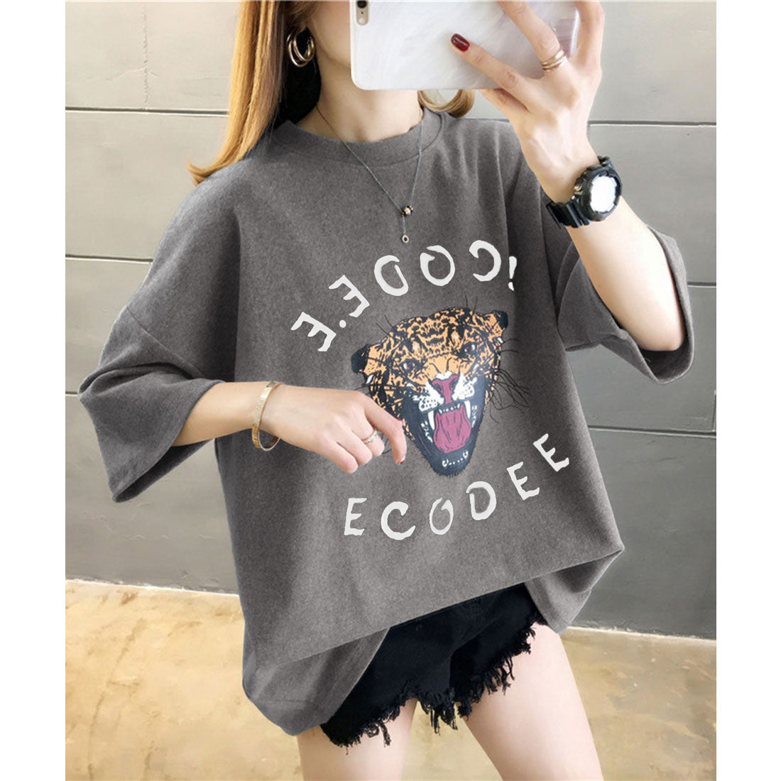 ジュノア JUNOAH プリントビッグTシャツ 韓国ファッション 春 夏 秋 韓国 トップス 半袖 春服 夏服,グレー