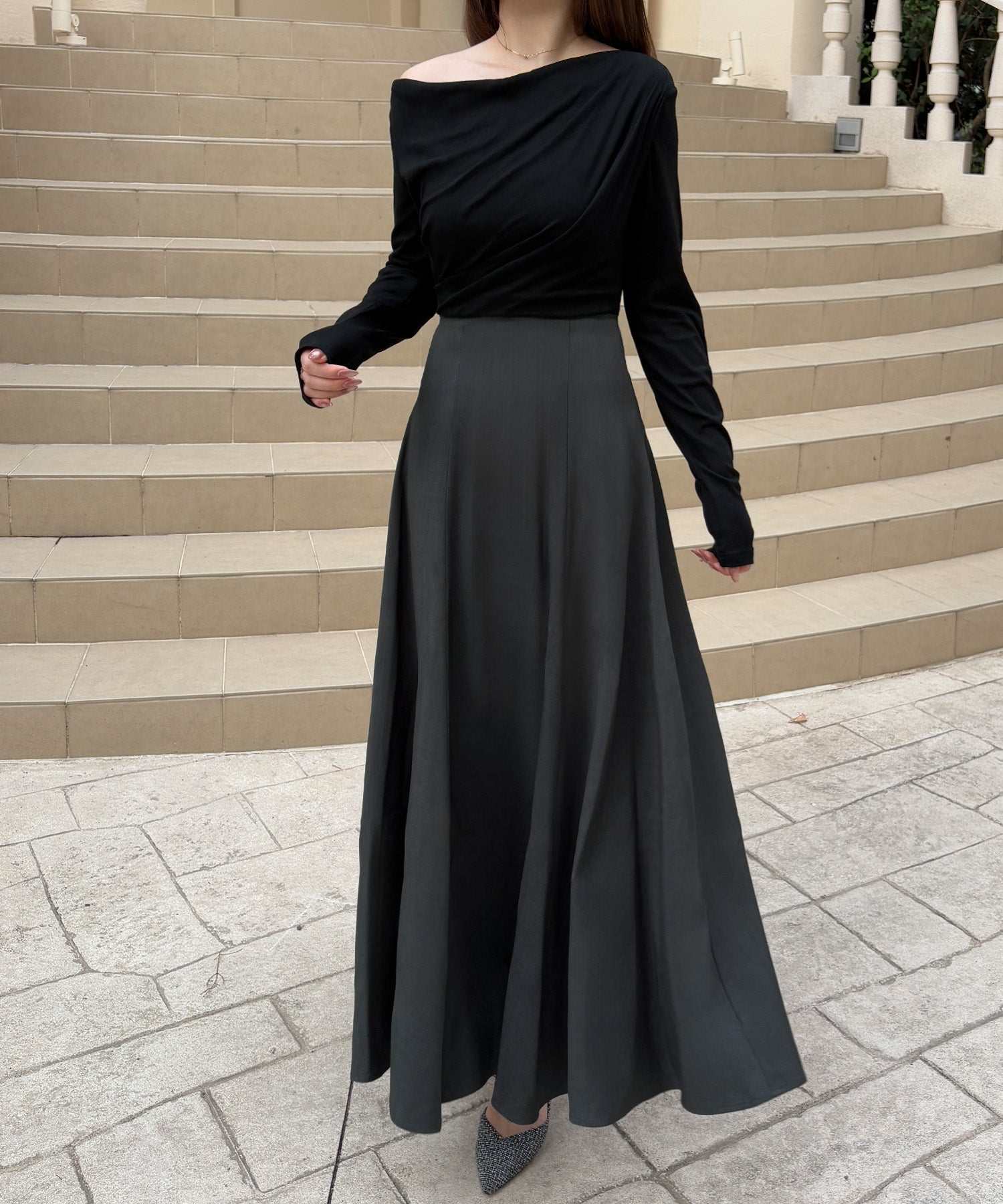 ジュノア JUNOAH バックレースアップドレープドッキングワンピース （ブラック） ブラック