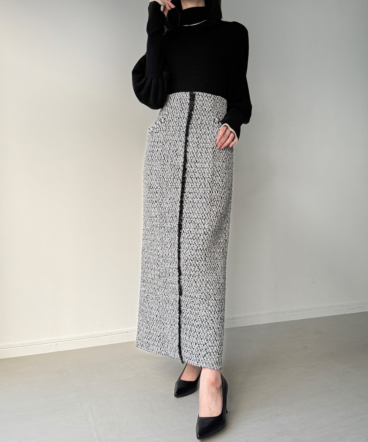 ジュノア JUNOAH ツイードバックレースアップIラインスカート （ブラックホワイト） ブラックホワイト