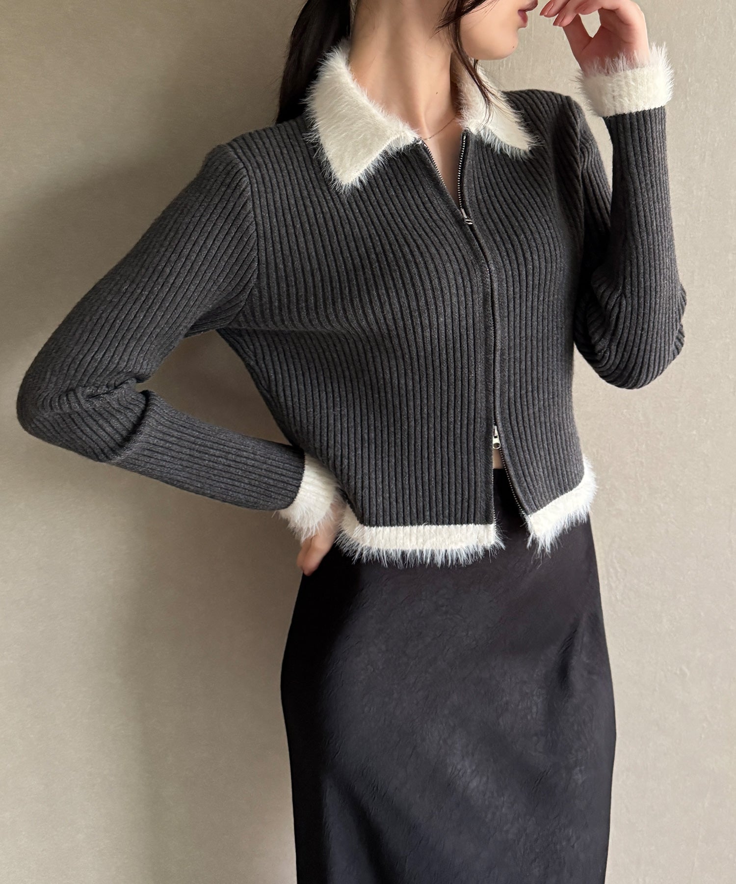 ジュノア JUNOAH バイカラーシャギーダブルジップニット （チャコール） チャコール