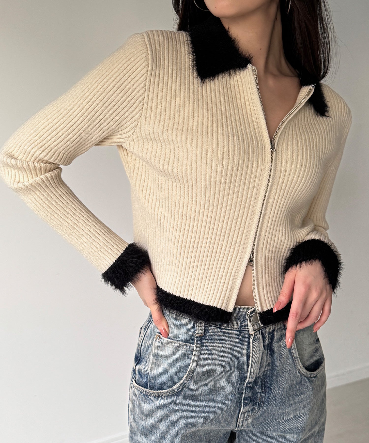 ジュノア JUNOAH バイカラーシャギーダブルジップニット （アイボリー） アイボリー