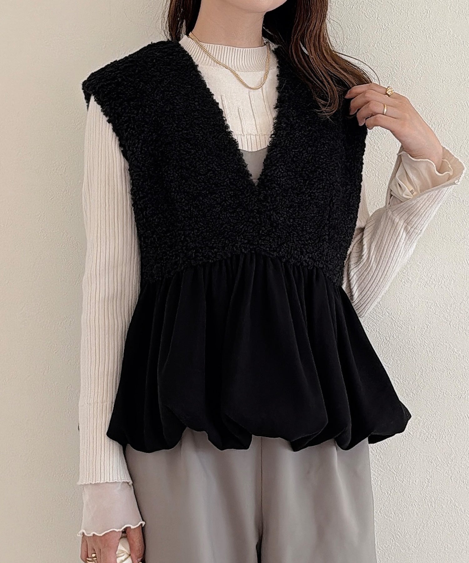 ジュノア JUNOAH 前後2wayボアバルーンペプラムベスト （ブラック） ブラック