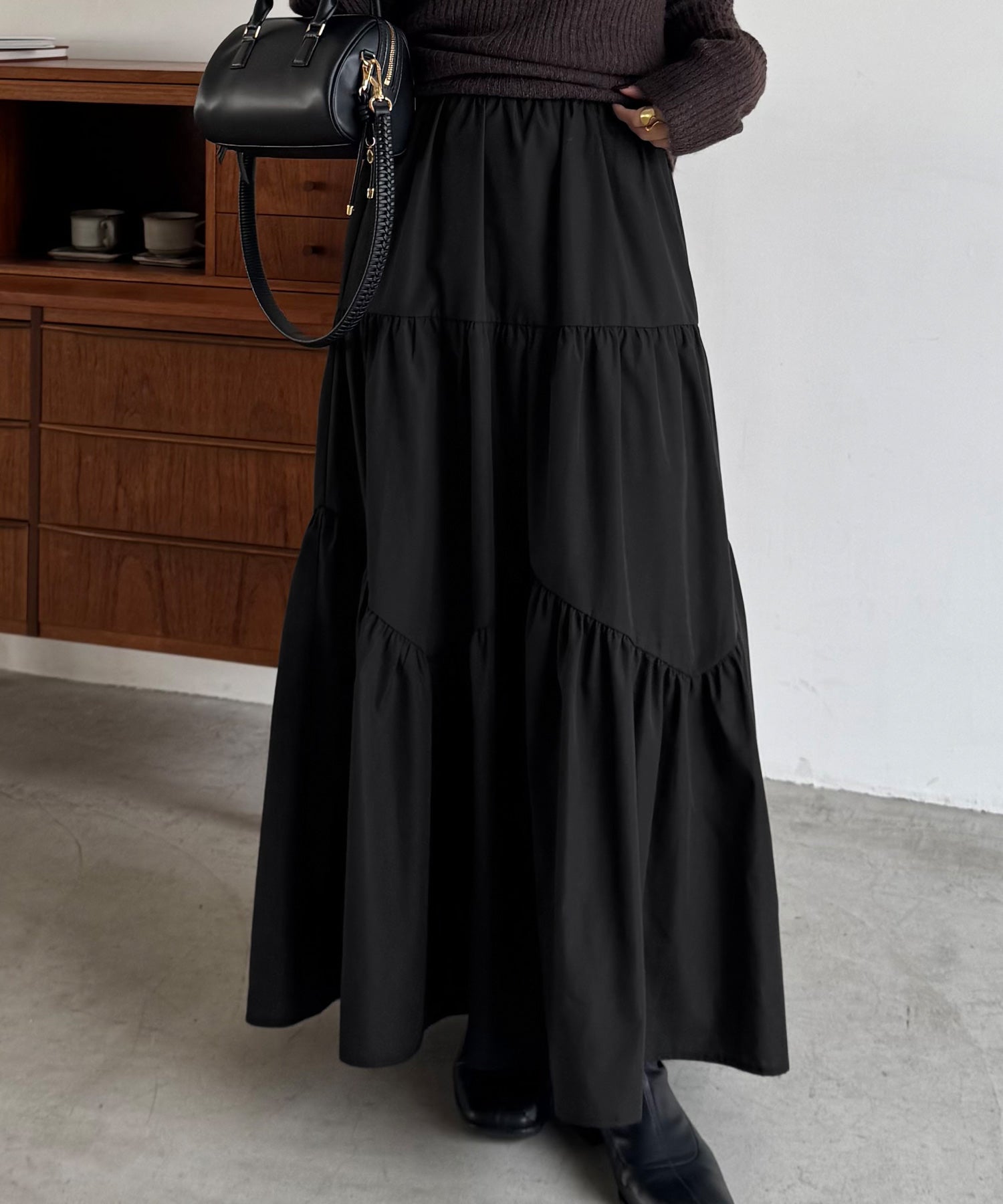 ジュノア JUNOAH バイアス切替ティアードスカート （ブラック） ブラック