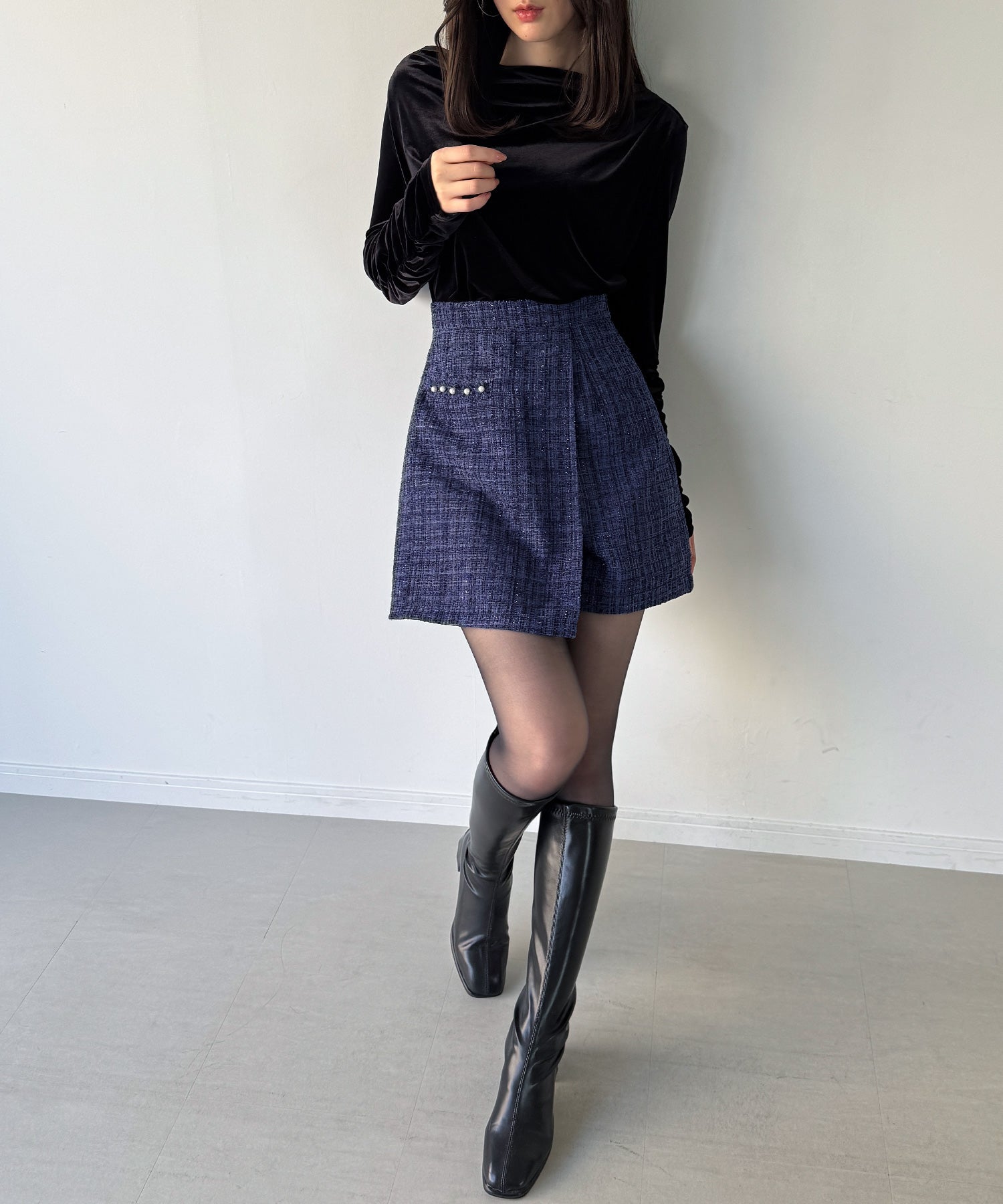 ジュノア JUNOAH ラメツイードラップデザインスカパン （ネイビー） ネイビー