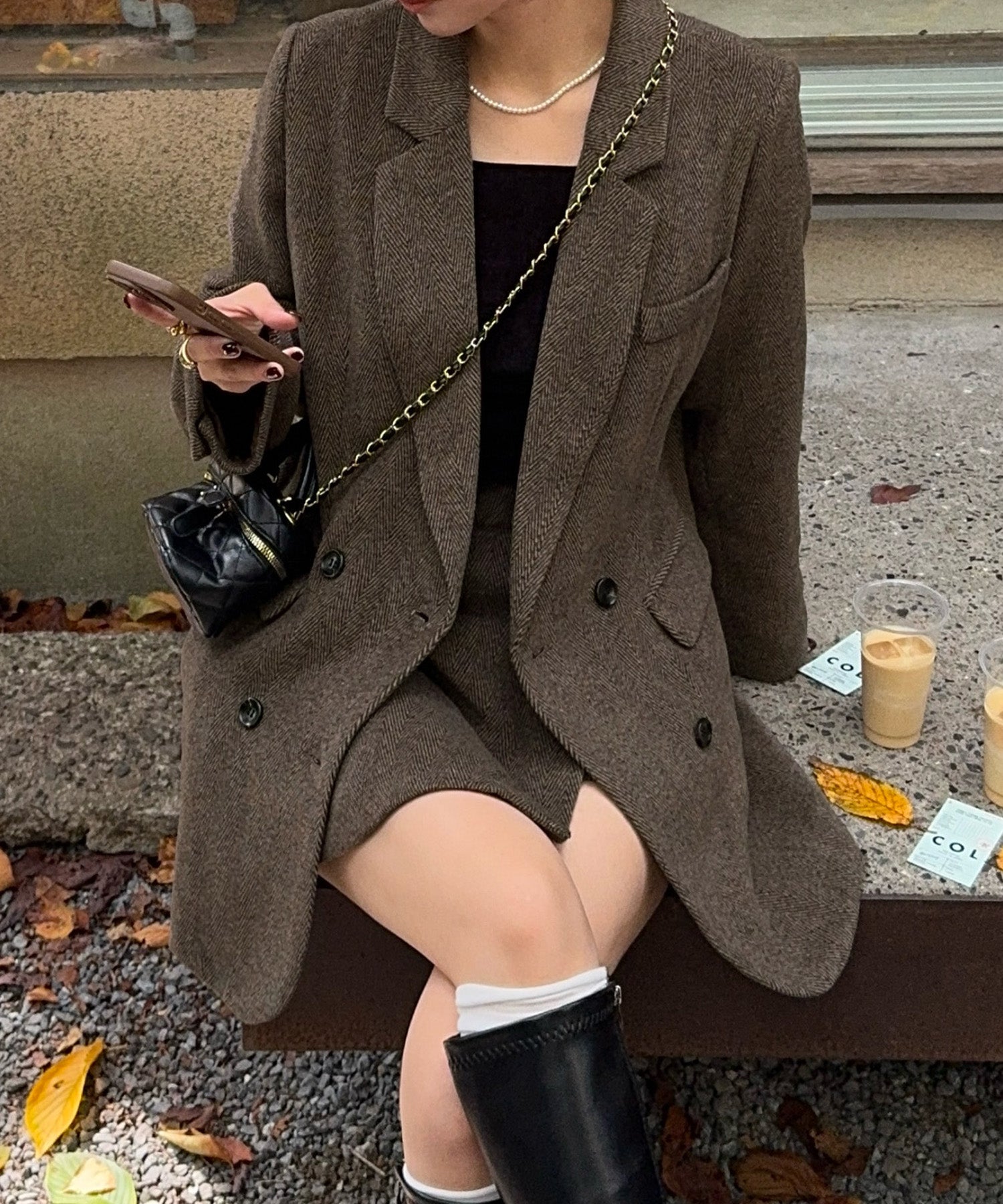 ジュノア JUNOAH ジャケット+スリットミニスカートset （ダークブラウン） ダークブラウン